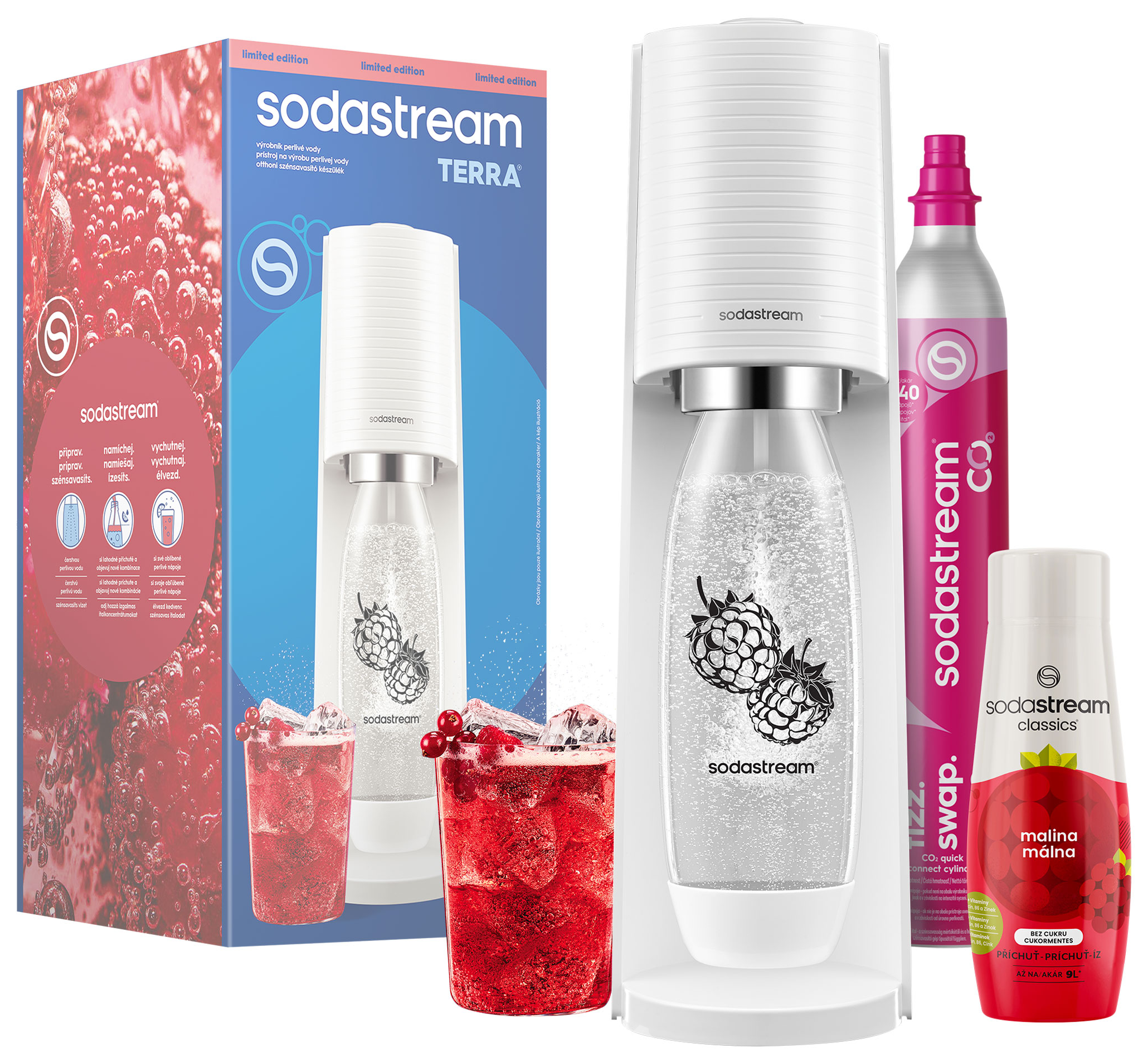 Egy SodaStream Terra vízszörp készítő CO2 palackkal és málnával.