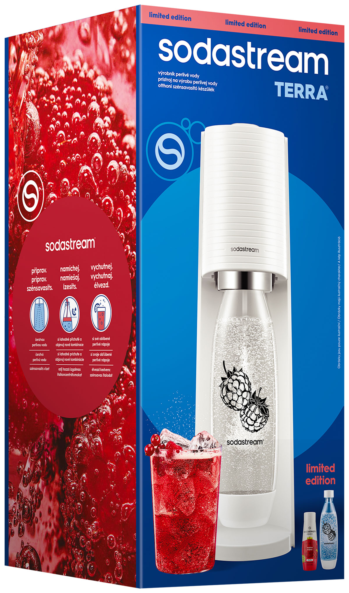 Csomagolás Sodastream Terra géppel, piros italtartó pohárral, bogyós gyümölcsökkel és palackokkal.