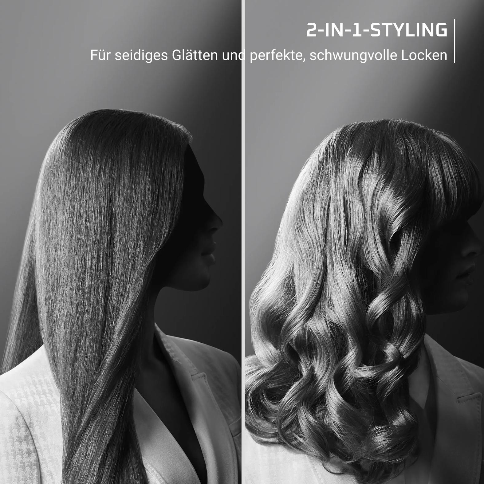 Zwei Frisuren: glatt und gelockt. Perfekt für Styling.