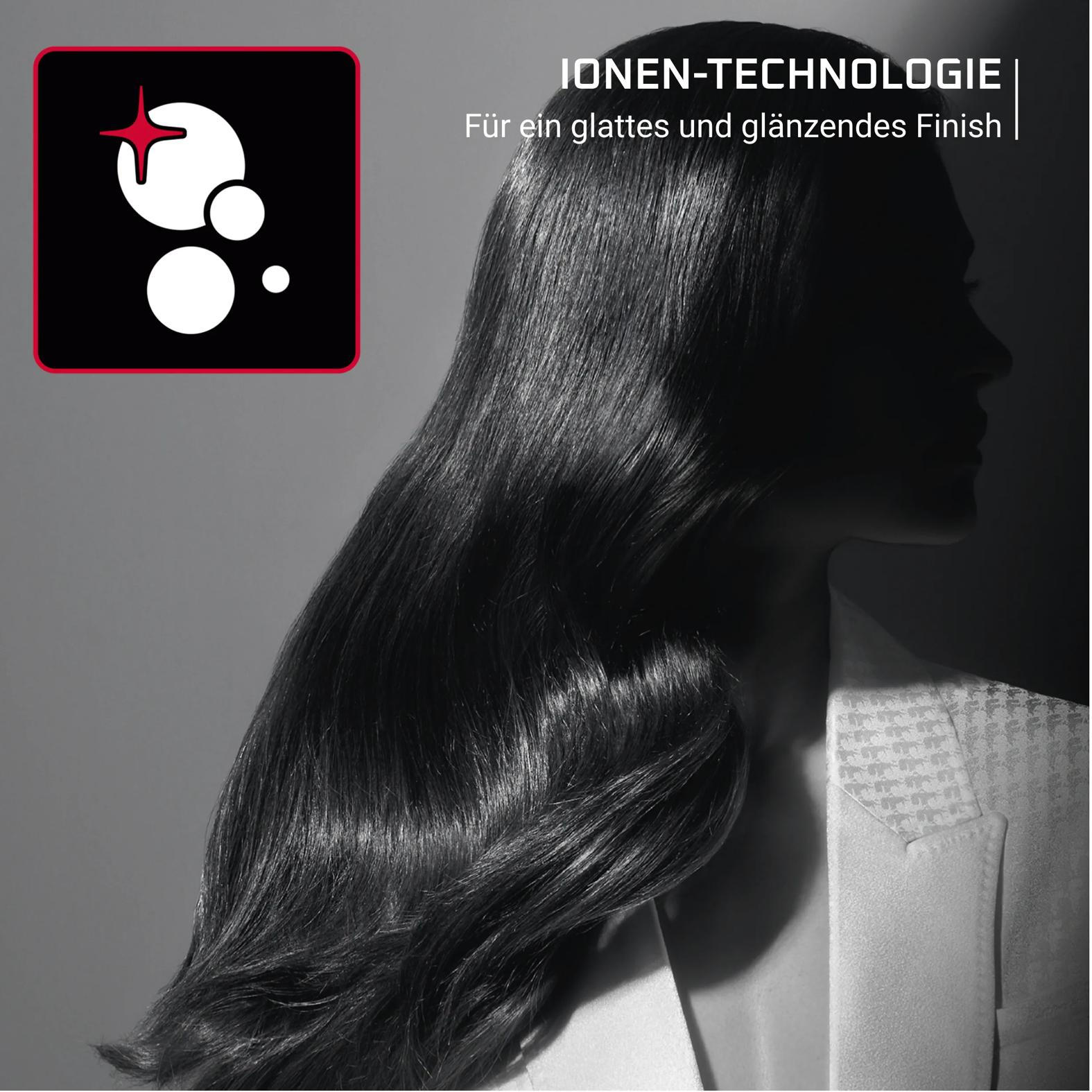 Glänzendes Haar neben einem Logo und Text über Ionentechnologie.
