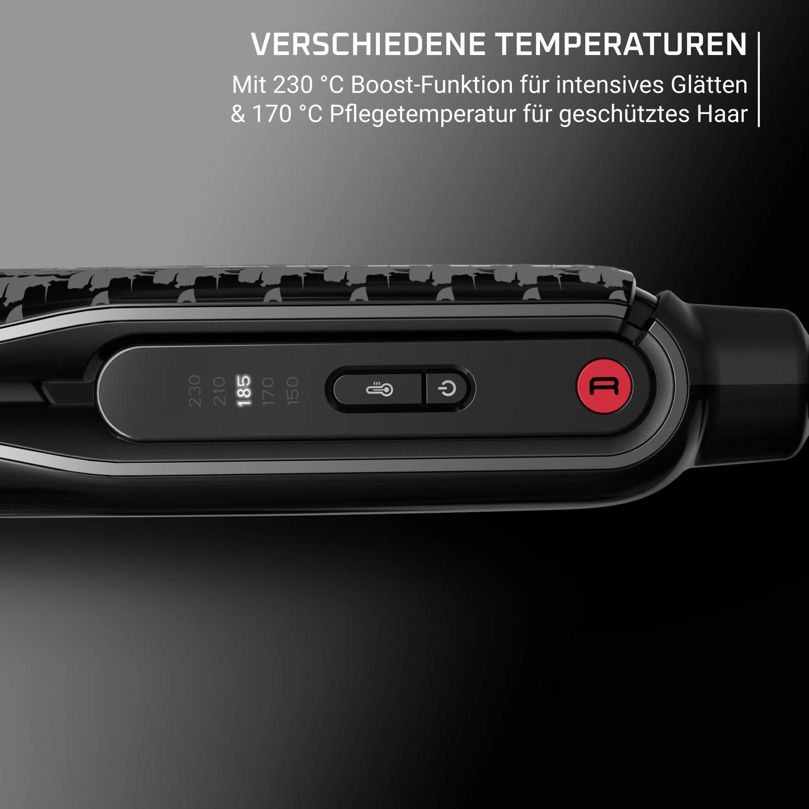Haarglätter mit Temperaturanzeige und Bedienelementen.