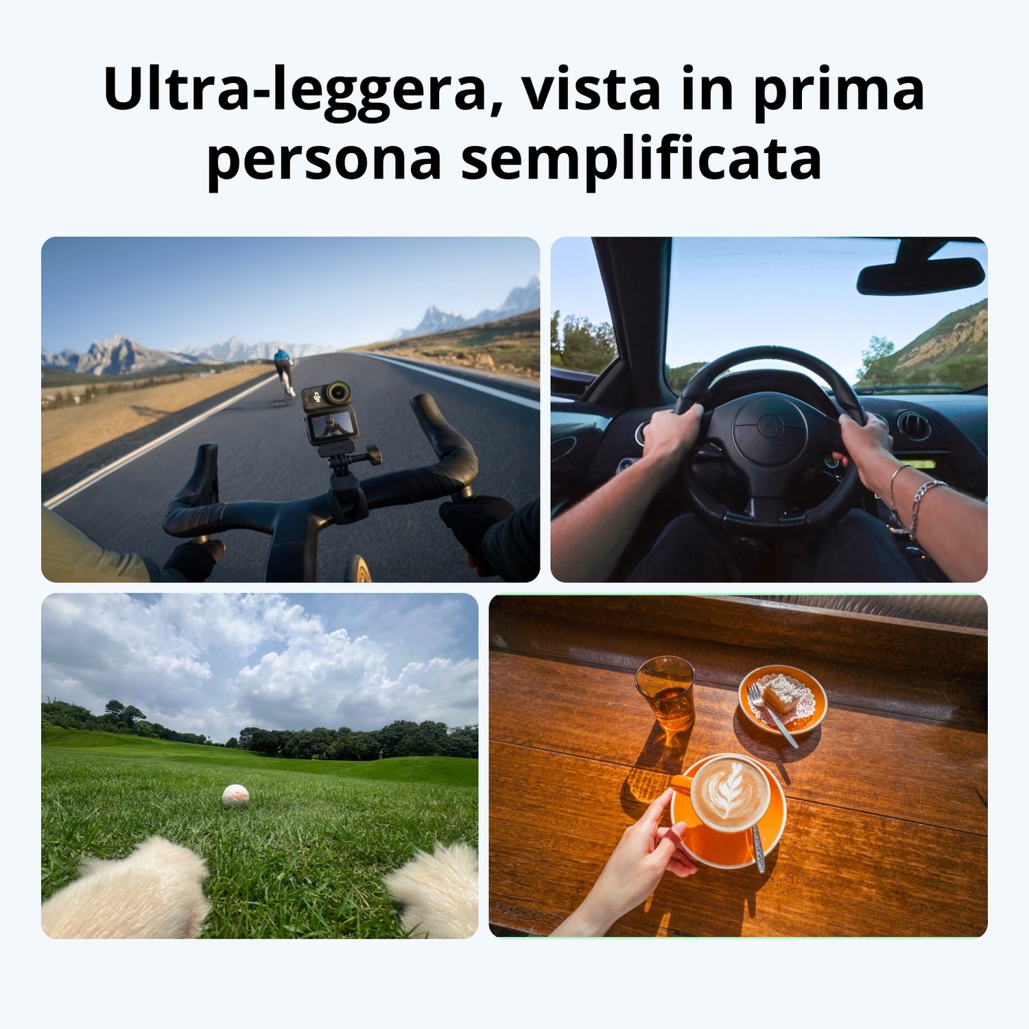 Collage: Ciclista, guidatore, campo da golf, caffè.