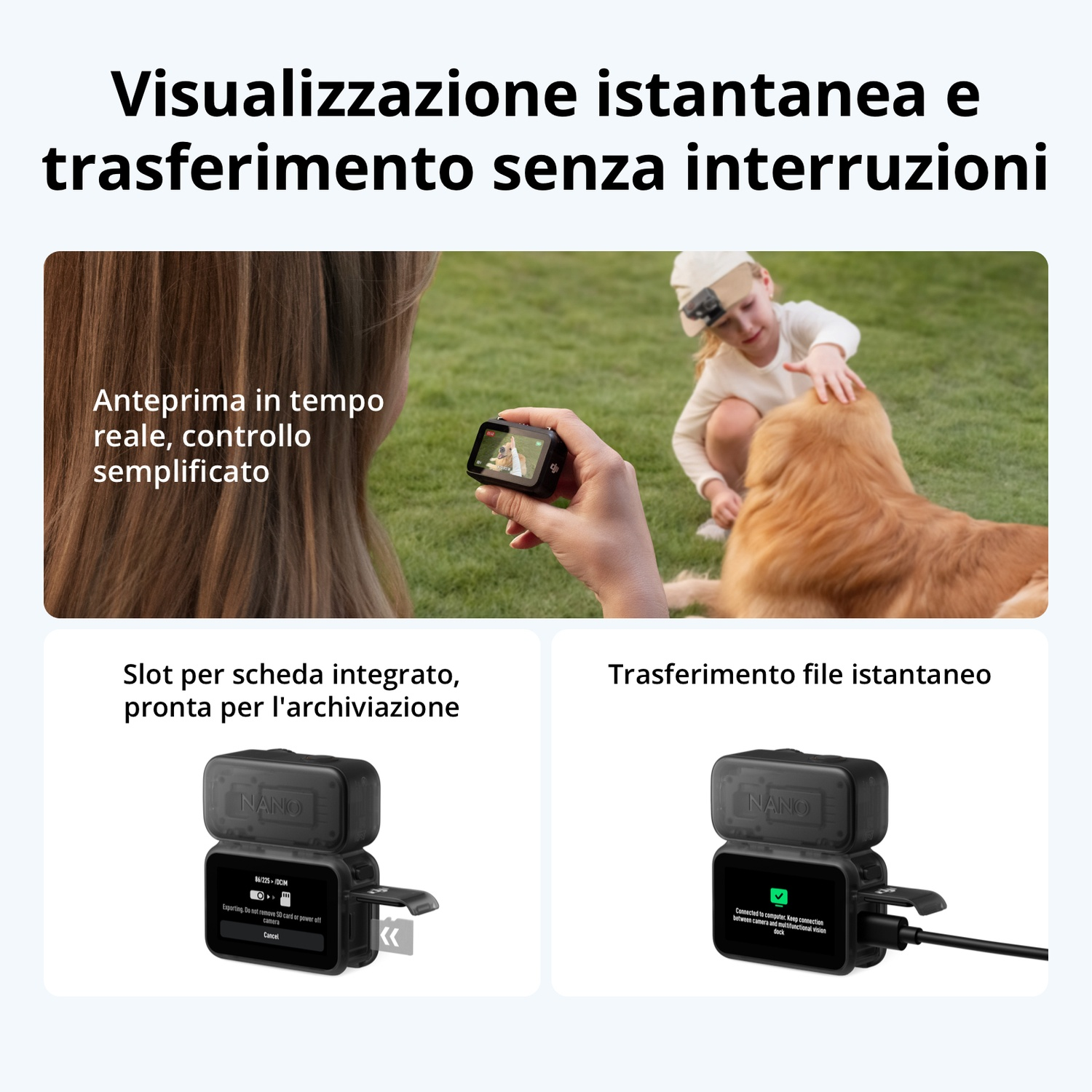 Persona tiene fotocamera, bambino accarezza cane. Sotto: due fotocamere con SD e cavo.