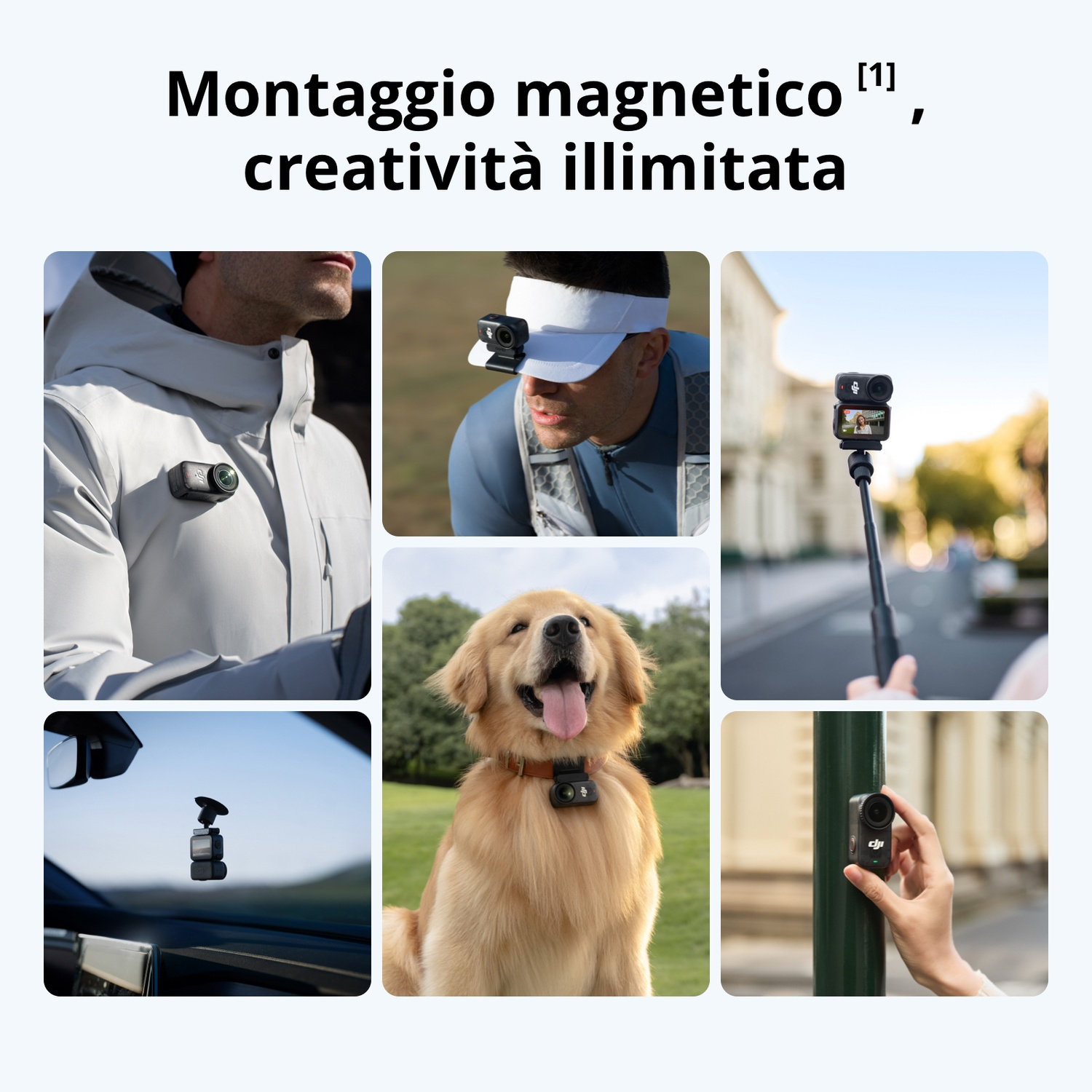 Sei immagini mostrano una fotocamera in vari usi: su vestiti, testa, selfie stick, in auto, su un cane, e su un palo.