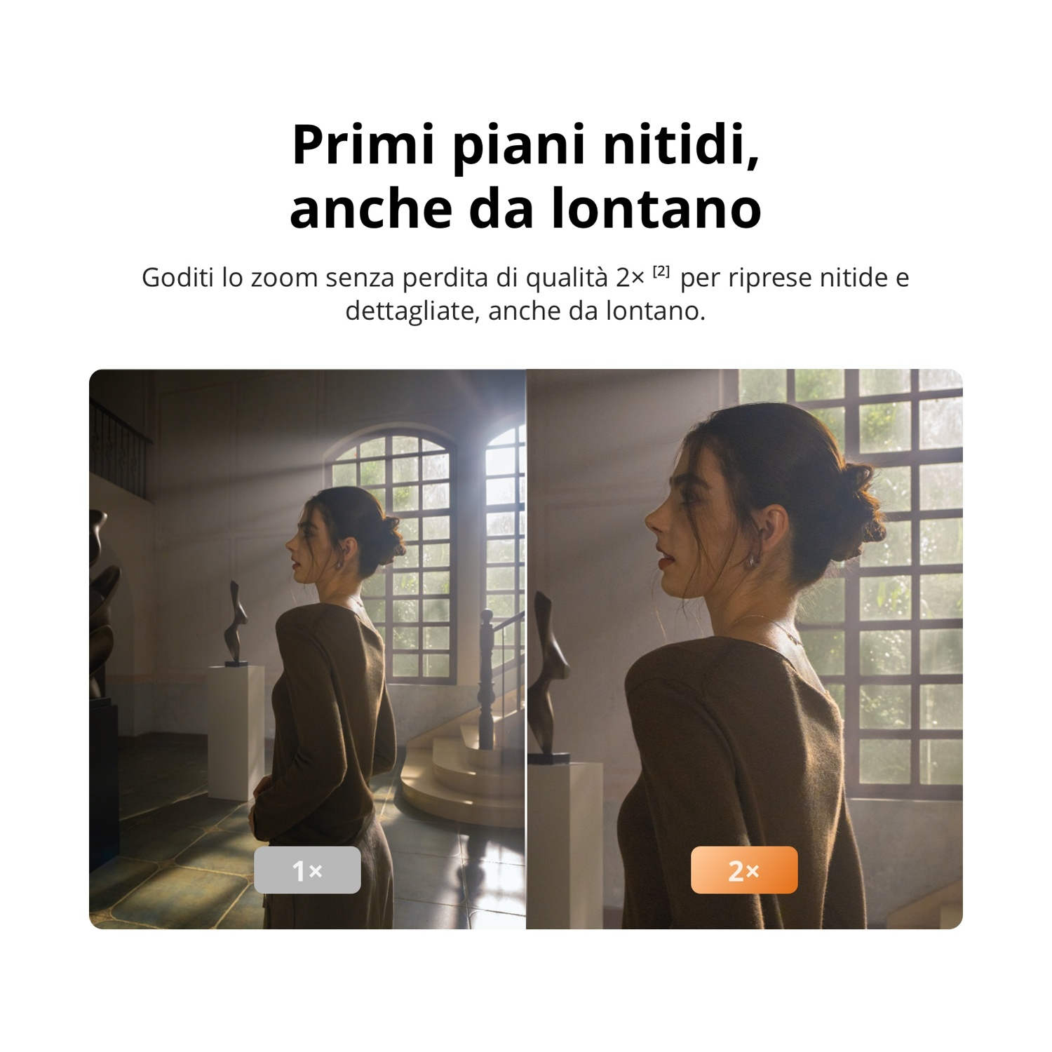 Due immagini di una donna con zoom 1x e 2x in un museo.