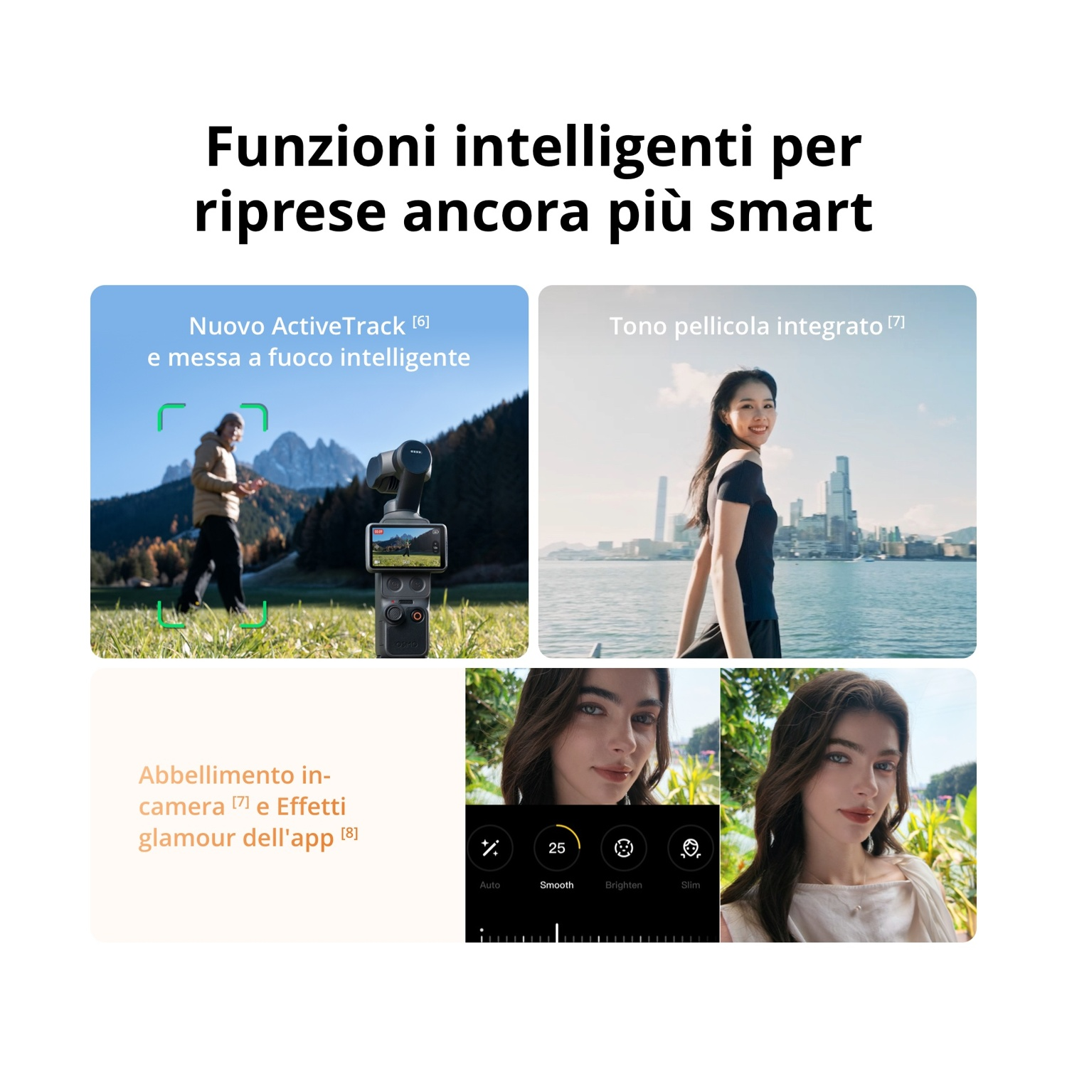 Il collage mostra funzioni smart della fotocamera come ActiveTrack, messa a fuoco cinematografica ed effetti.