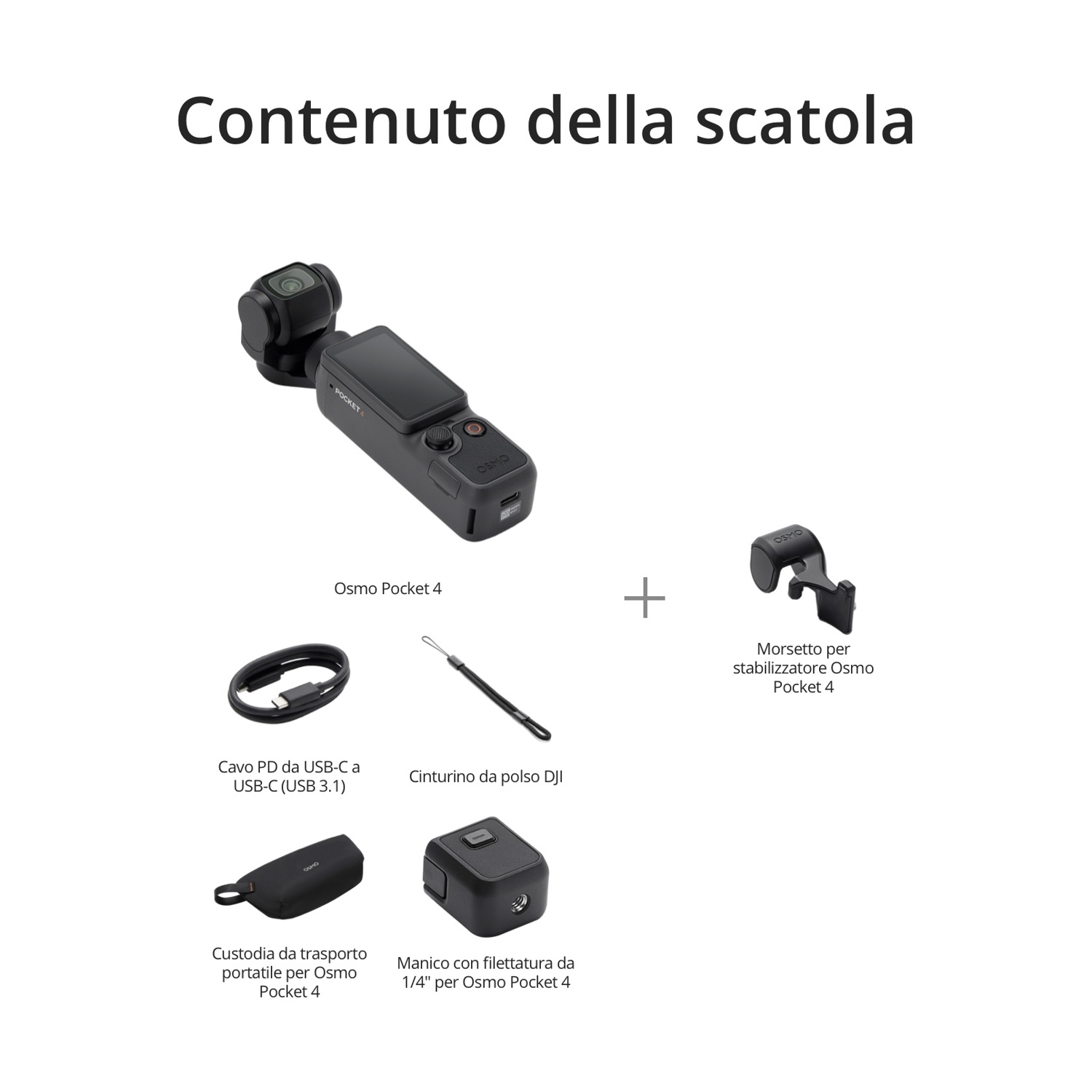 Contenuto della scatola: Osmo Pocket 4, cavo USB-C, cinturino, custodia, manico, morsetto.