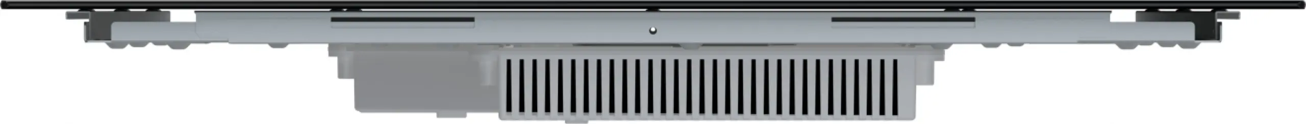 Szürke ventilátorház fekete lamellákkal, fém tartóra szerelve.