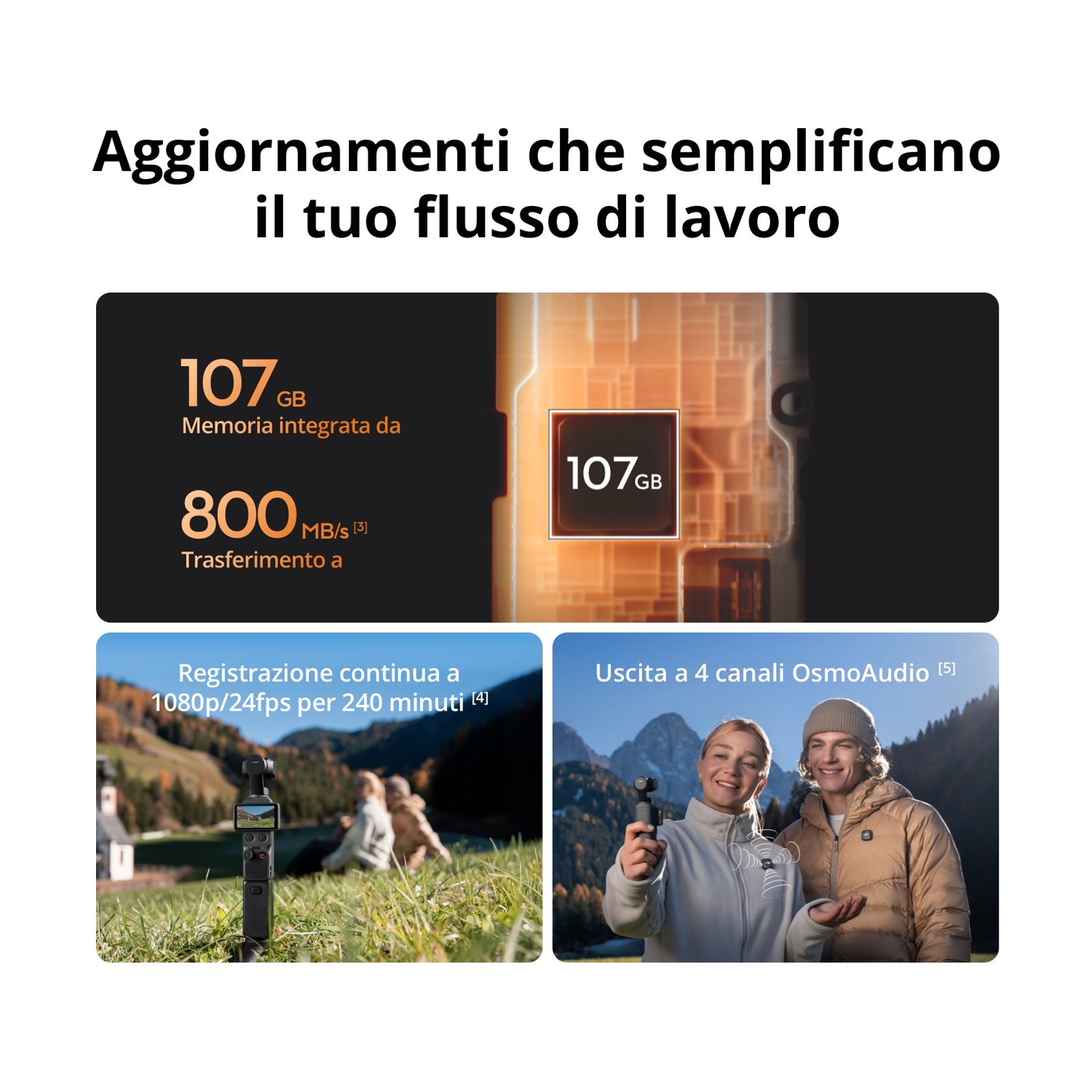 Visualizzazione capacità di memoria, velocità trasferimento e impostazioni registrazione.