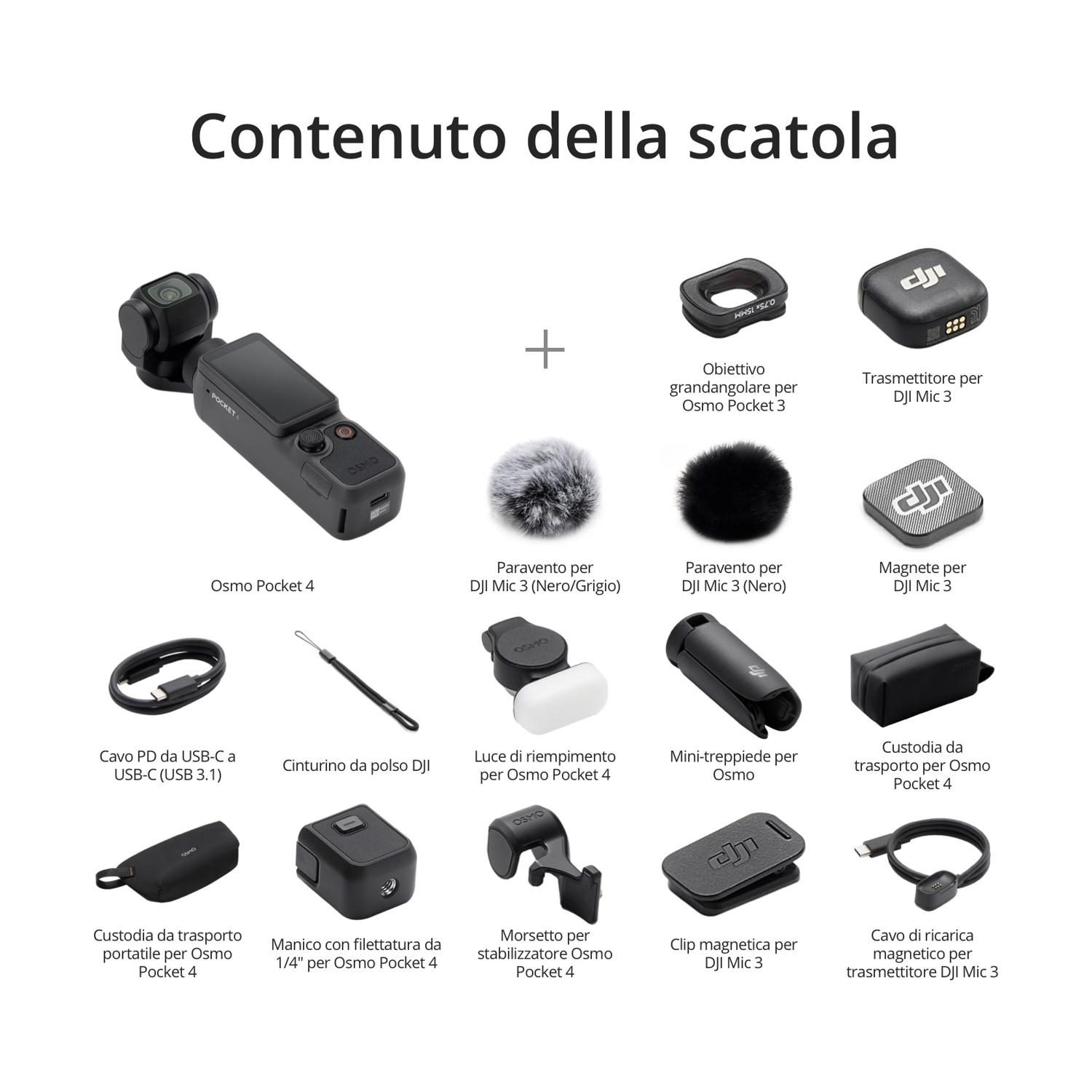 Contenuto della scatola: Osmo Pocket 4, obiettivo grandangolare, paravento, magnete, cavo di ricarica.