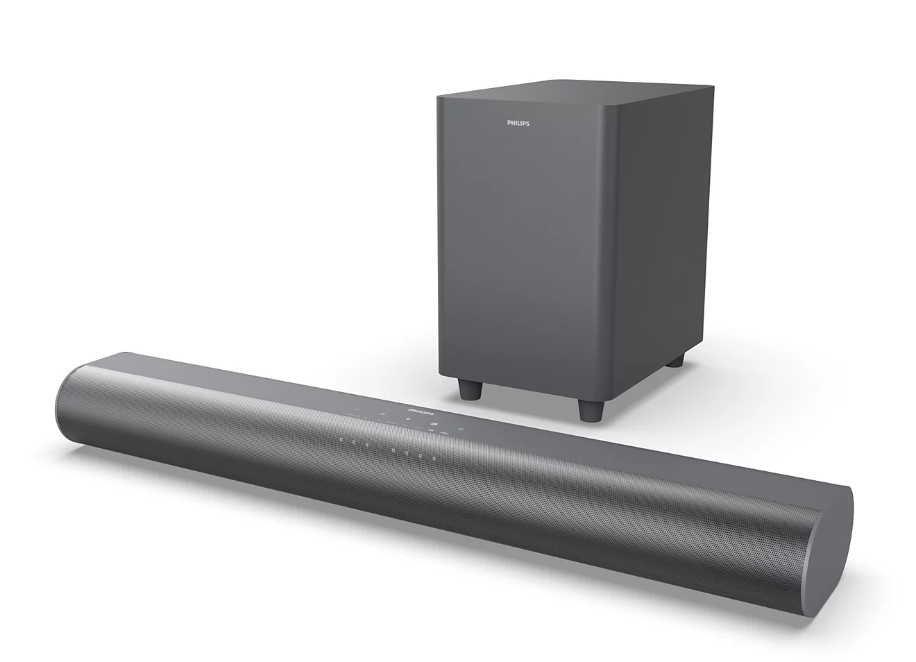 Szary soundbar i subwoofer Philips na białym tle.