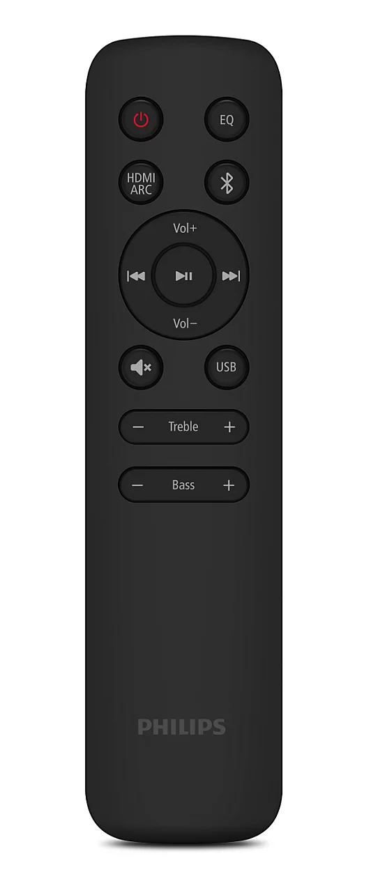 Czarny pilot Philips z przyciskami: zasilanie, EQ, HDMI ARC, Bluetooth, głośność, odtwarzanie, wyciszenie, USB, wysokie i niskie tony.
