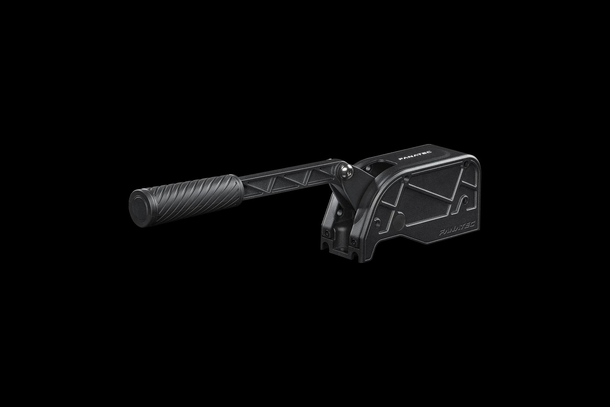 Ein schwarzer Handbremshebel mit geriffeltem Griff und FANATEC-Logo.