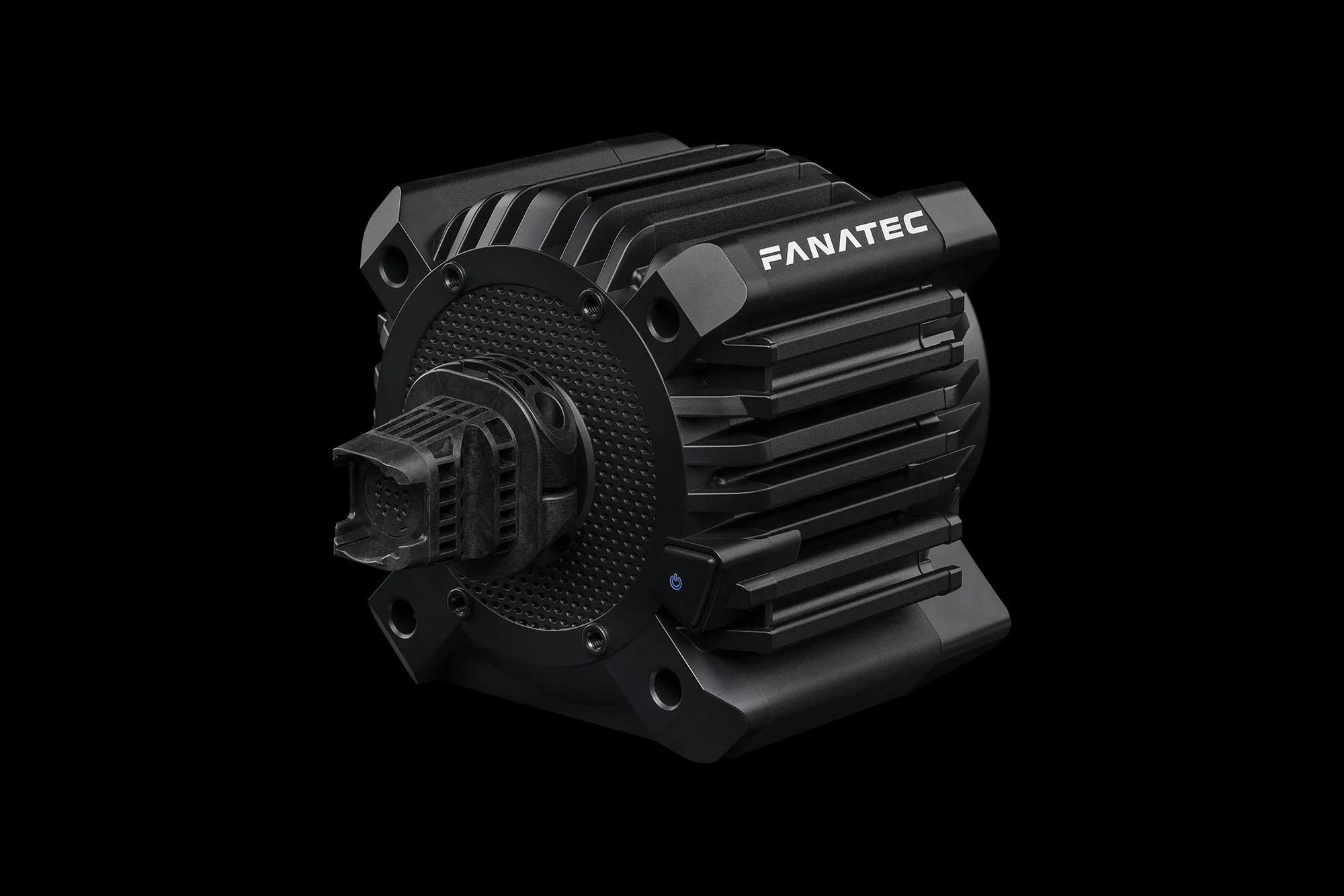 Schwarzer Fanatec-Treiber mit Kühlrippen und einem Netzanschluss.