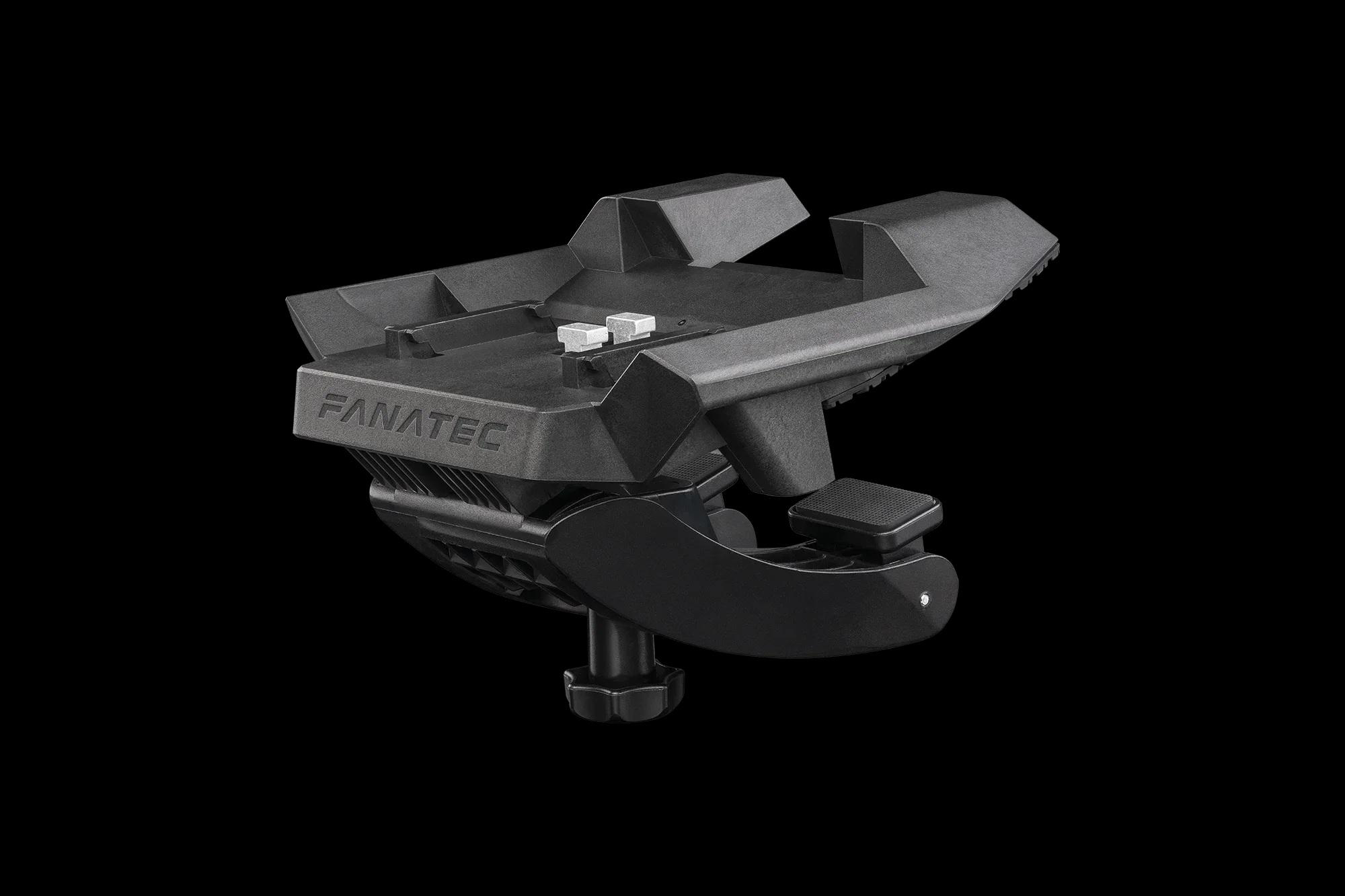 Schwarzer Fanatec-Tischklemmenhalter mit Schrauben auf schwarzem Hintergrund.