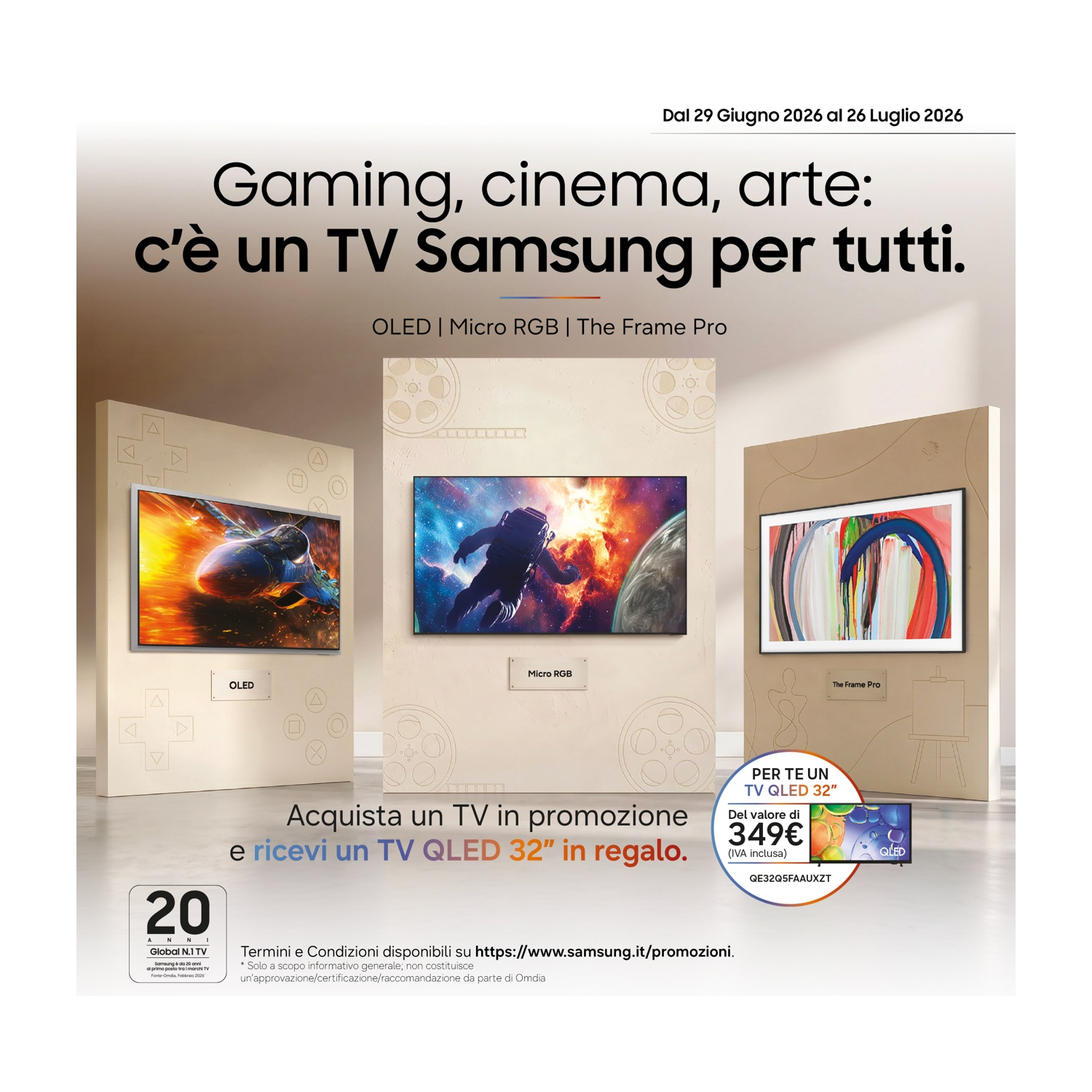 Pubblicità TV Samsung con OLED, Micro RGB e The Frame Pro. TV QLED 32" in offerta.