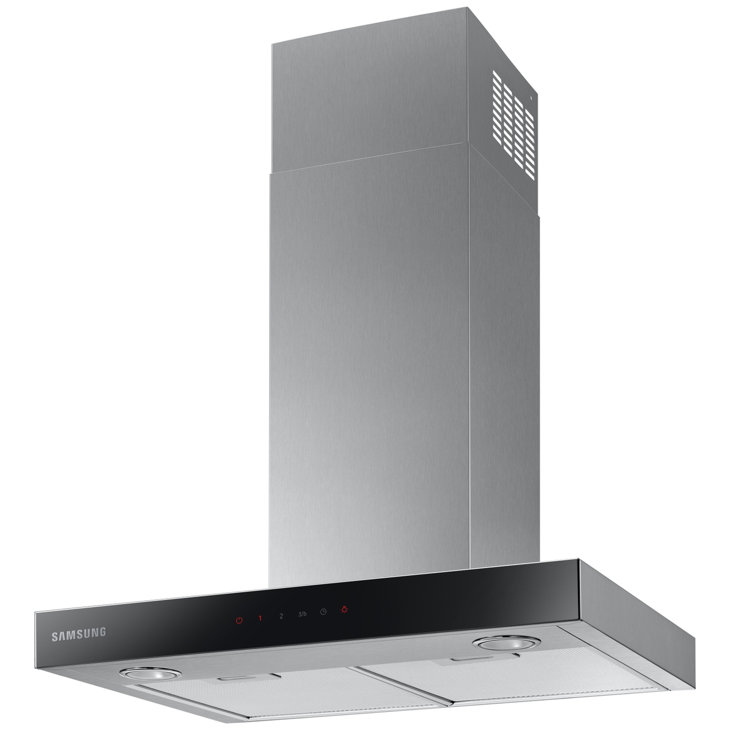Stainless steel range hood with a black front panel and digital display.
