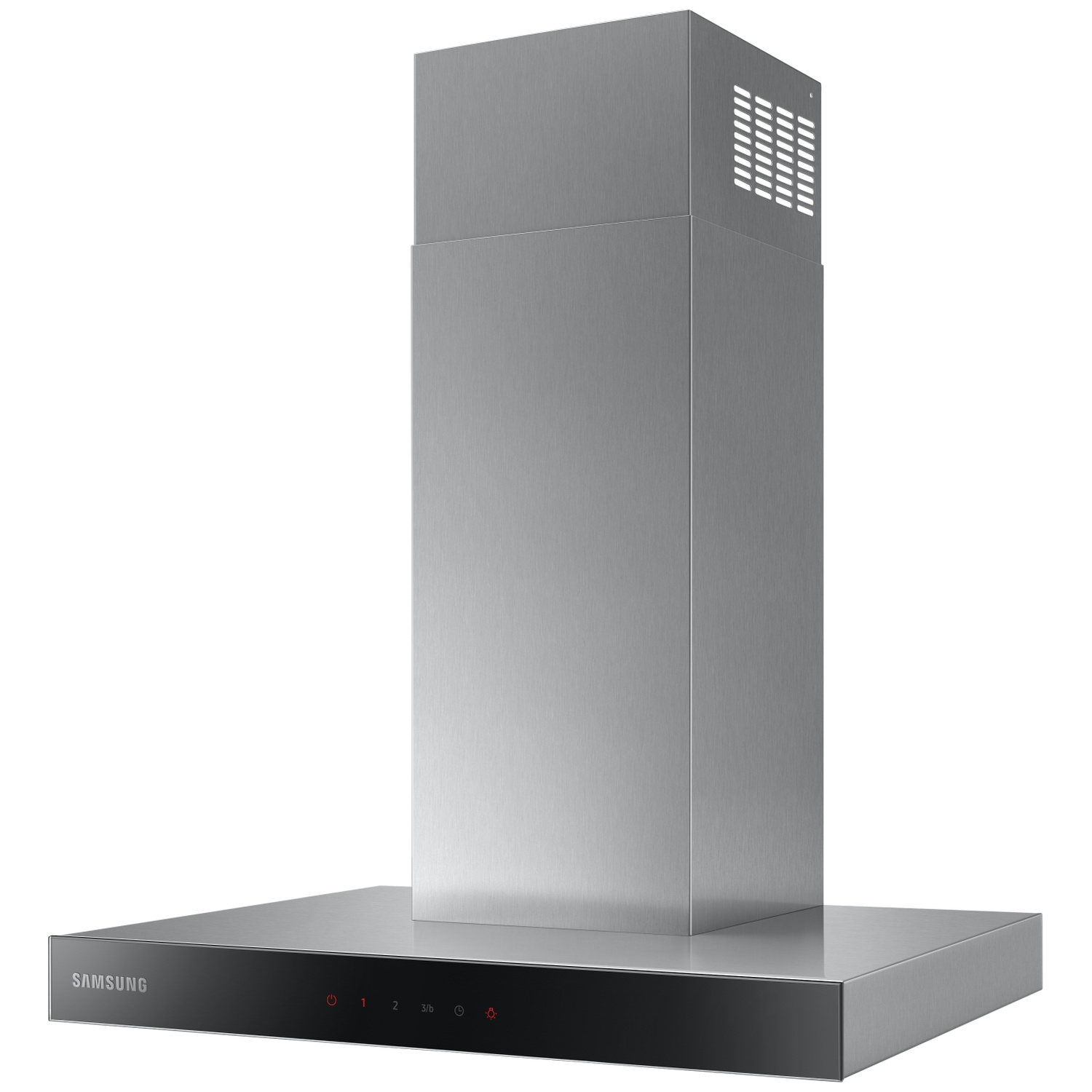 A modern stainless steel range hood with a touch control panel and ventilation slots.