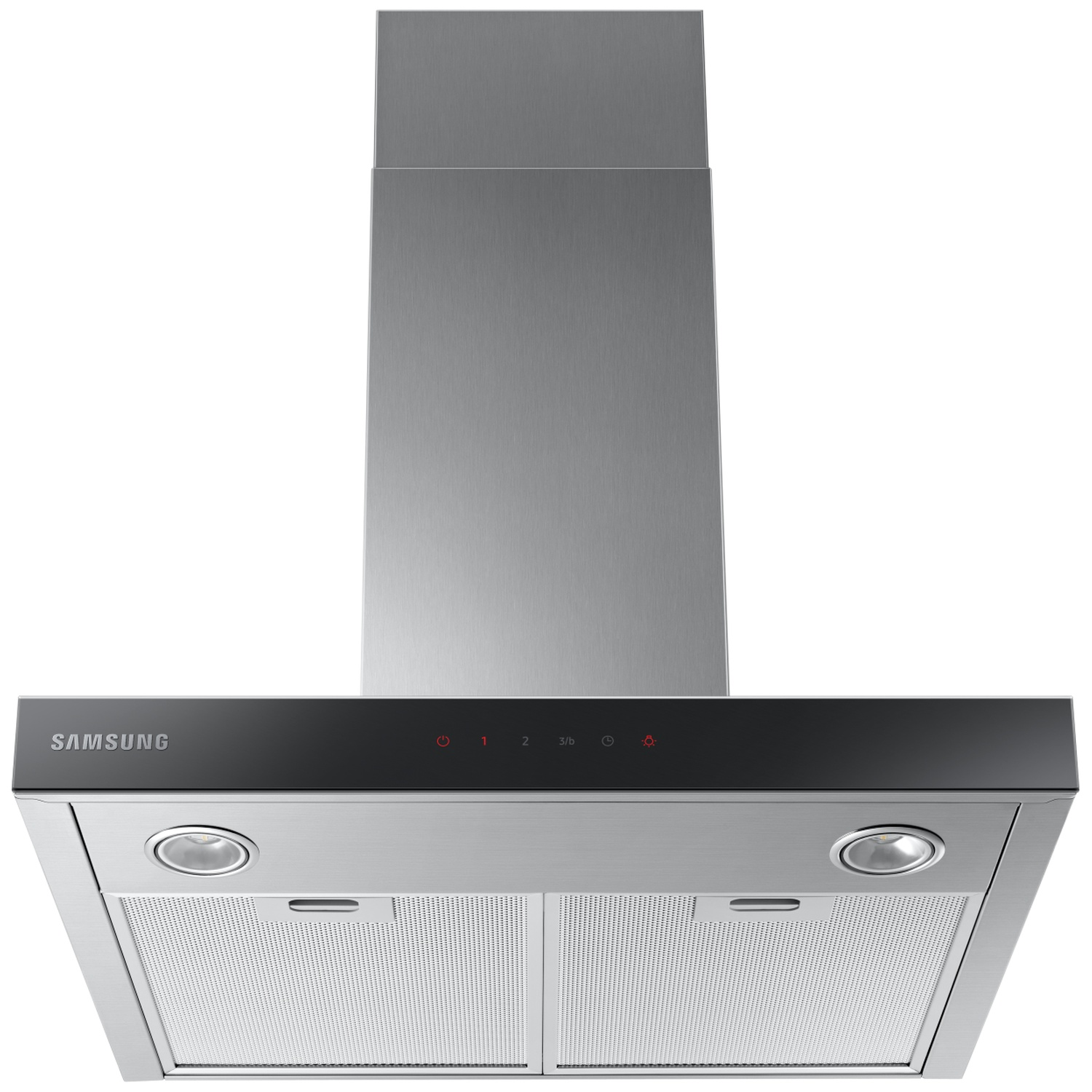 Stainless steel range hood with black control panel and lights.