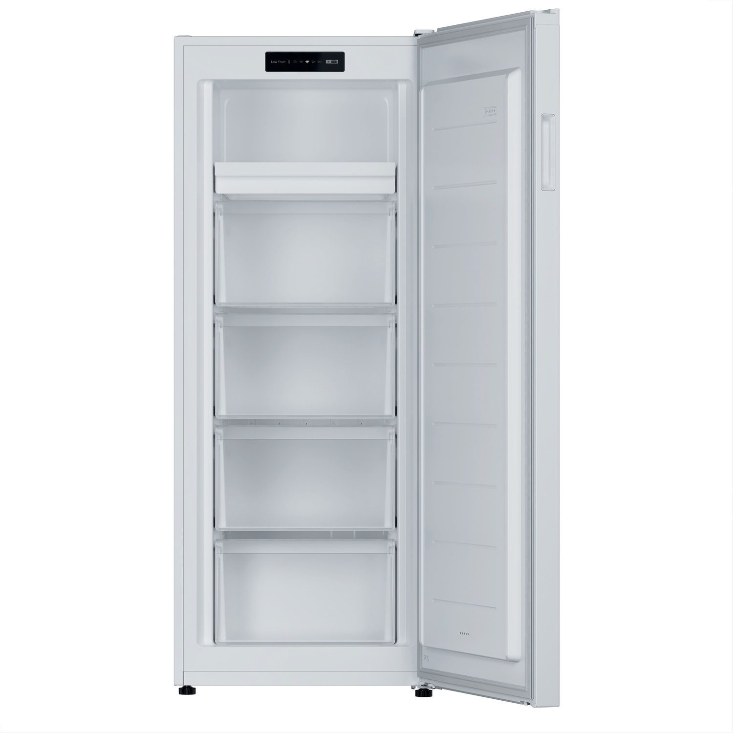 Een open witte vriezer met vier lades en een digitaal display.