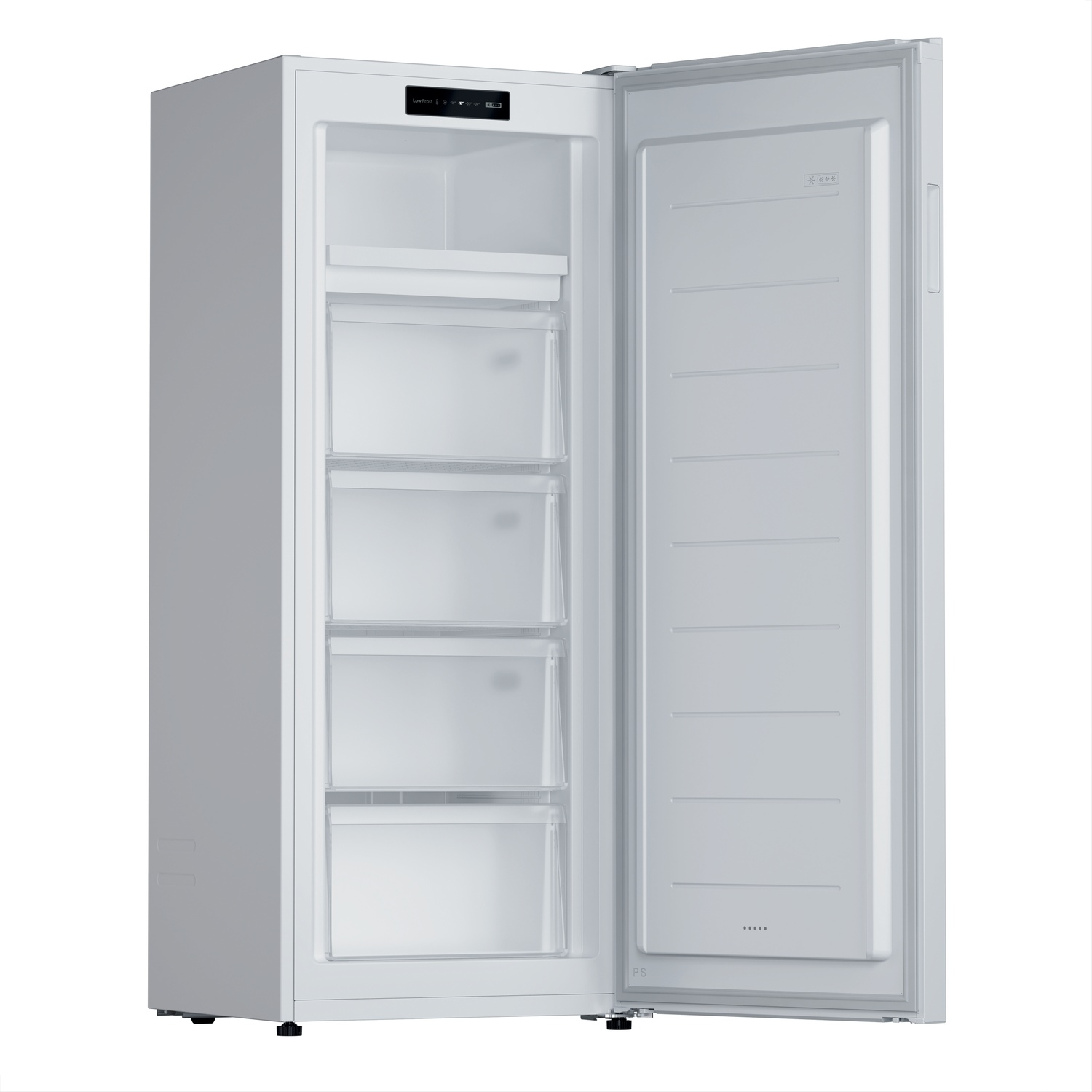 Een witte staande vriezer met open deur, vier lades en een display.