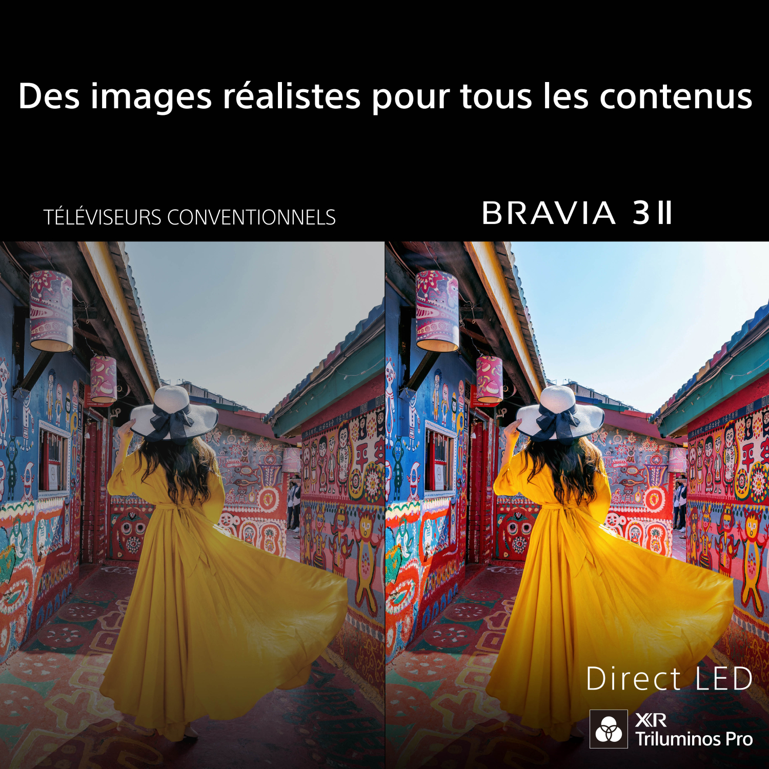 Femme en robe jaune dans une ruelle colorée avec des peintures.