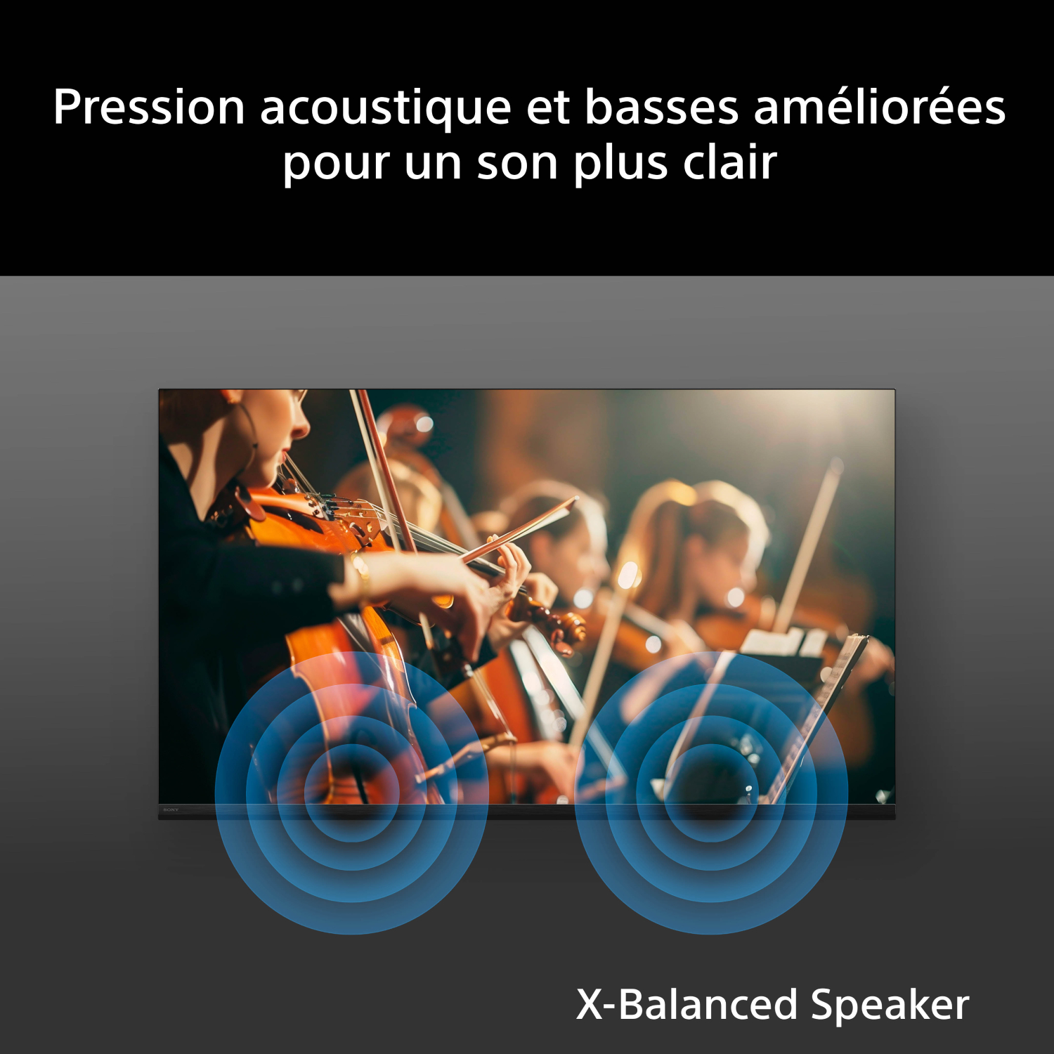 Orchestre jouant du violon; ondes sonores bleues surimposées.