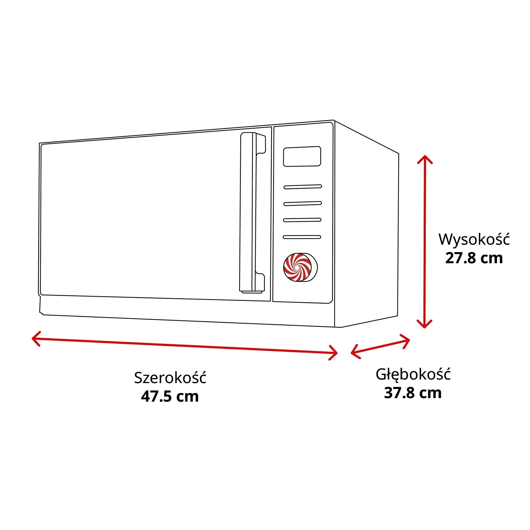 Rysunek liniowy kuchenki mikrofalowej z wymiarami: szerokość 47,5 cm, głębokość 37,8 cm, wysokość 27,8 cm.