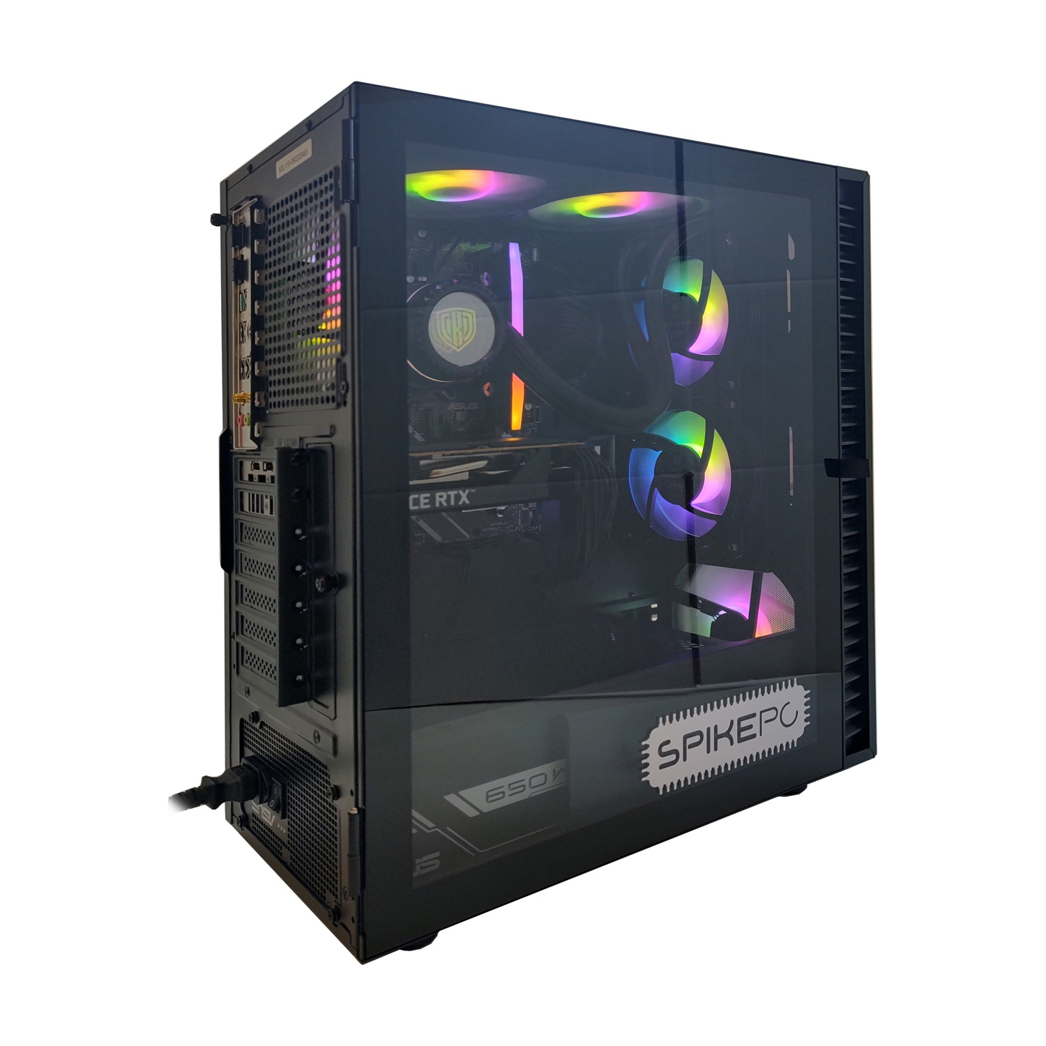 Tower PC nero con pannello laterale in vetro che mostra ventole RGB e componenti.