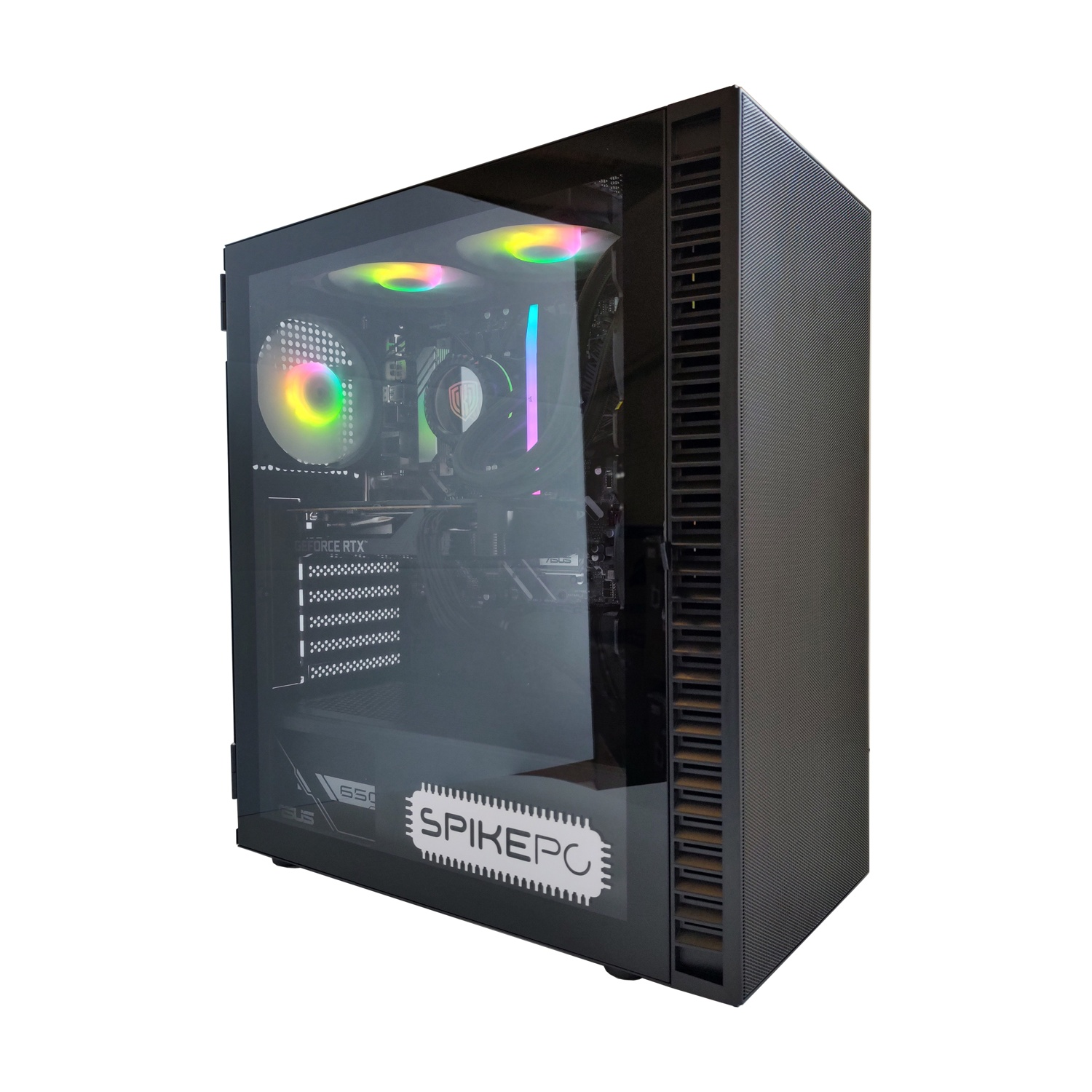 Un PC da gaming nero con pannello laterale in vetro e ventole RGB.