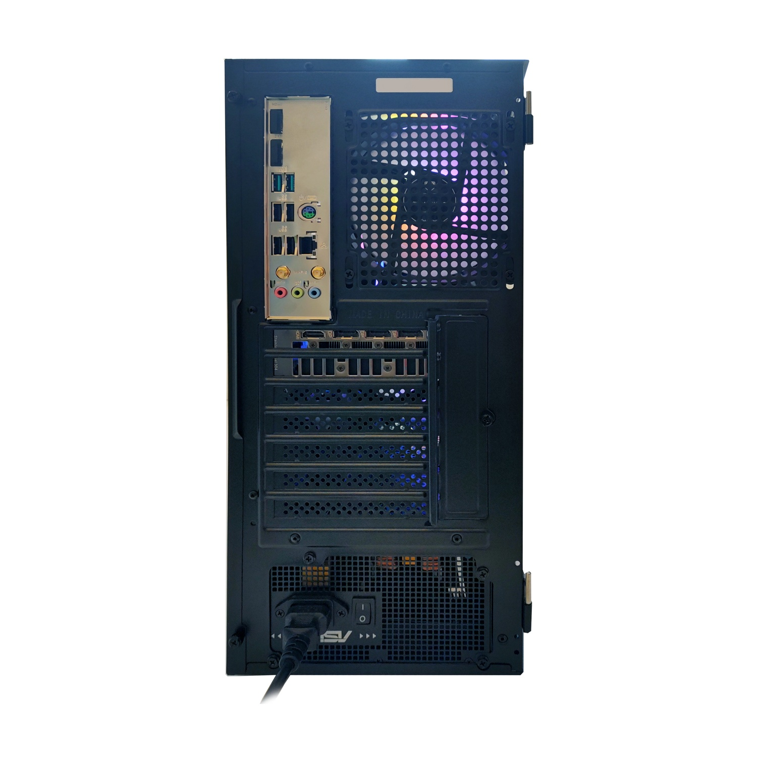 Vista posteriore di una tower del computer nera che mostra porte, ventola con illuminazione RGB e cavo di alimentazione.