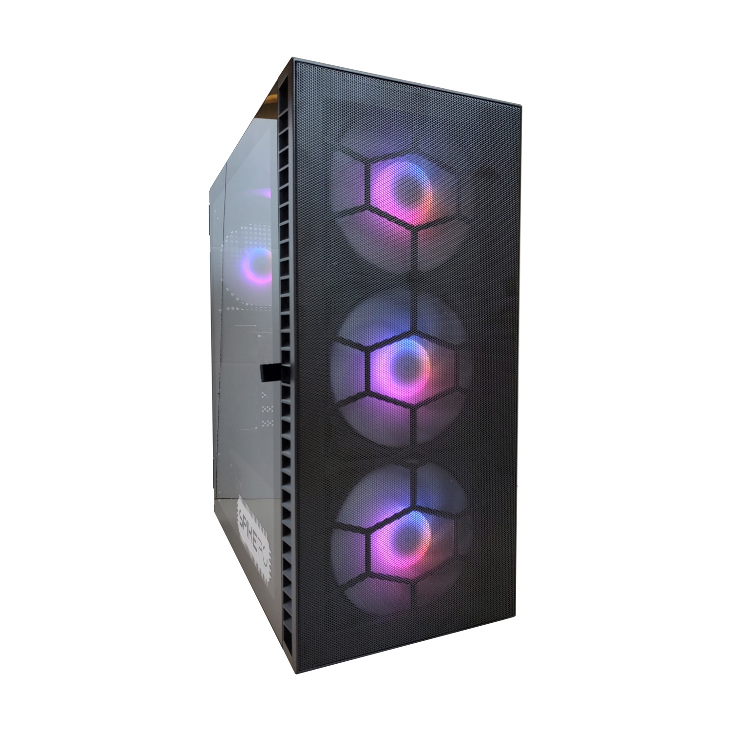 Un case per computer nero con tre ventole illuminate e un pannello laterale in vetro.