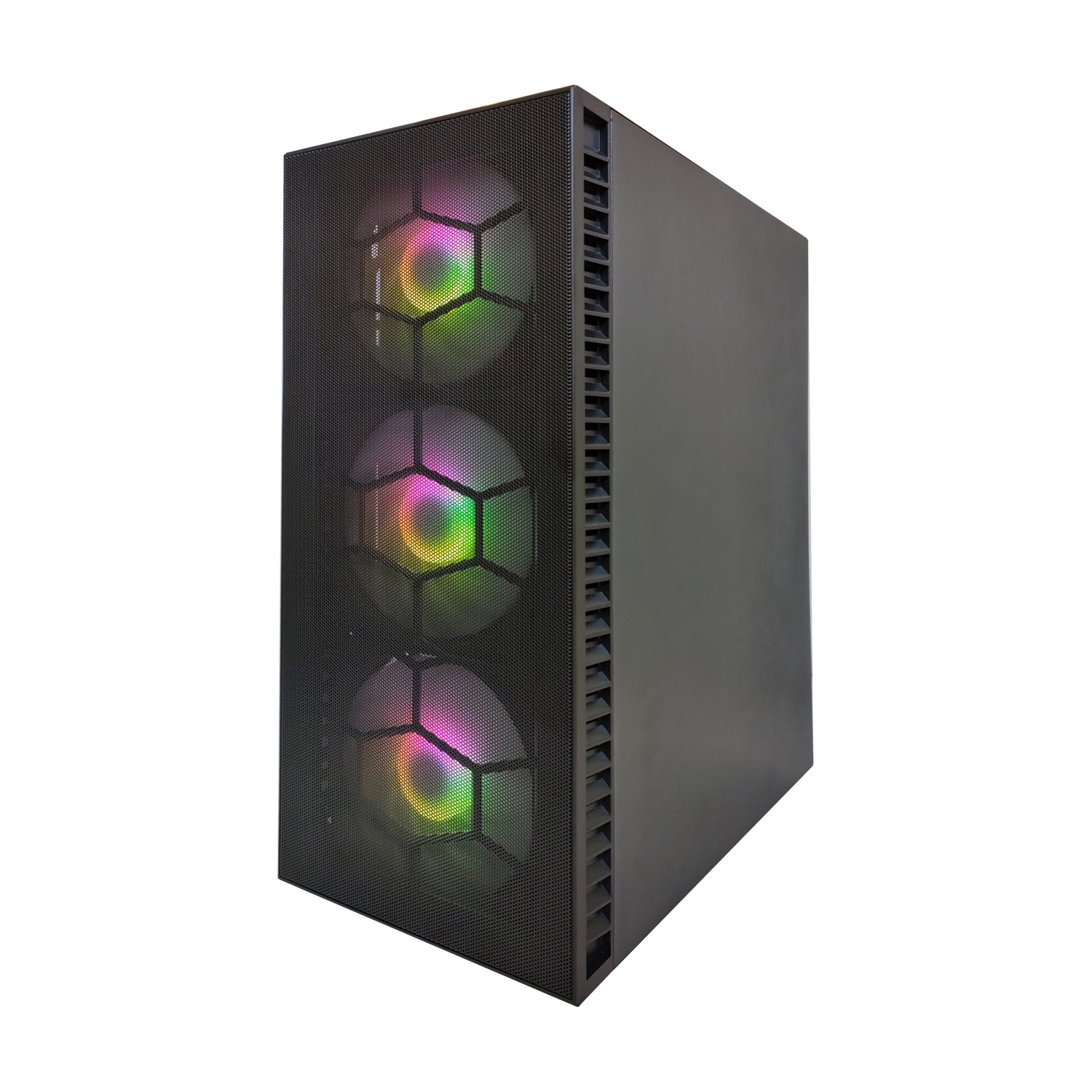 Case del computer nero con tre ventole illuminate RGB sul pannello frontale.
