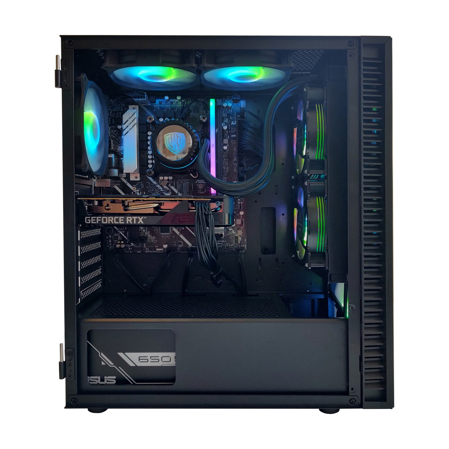 Un PC da gaming aperto con ventole RGB e cavi, con scheda grafica GeForce RTX.