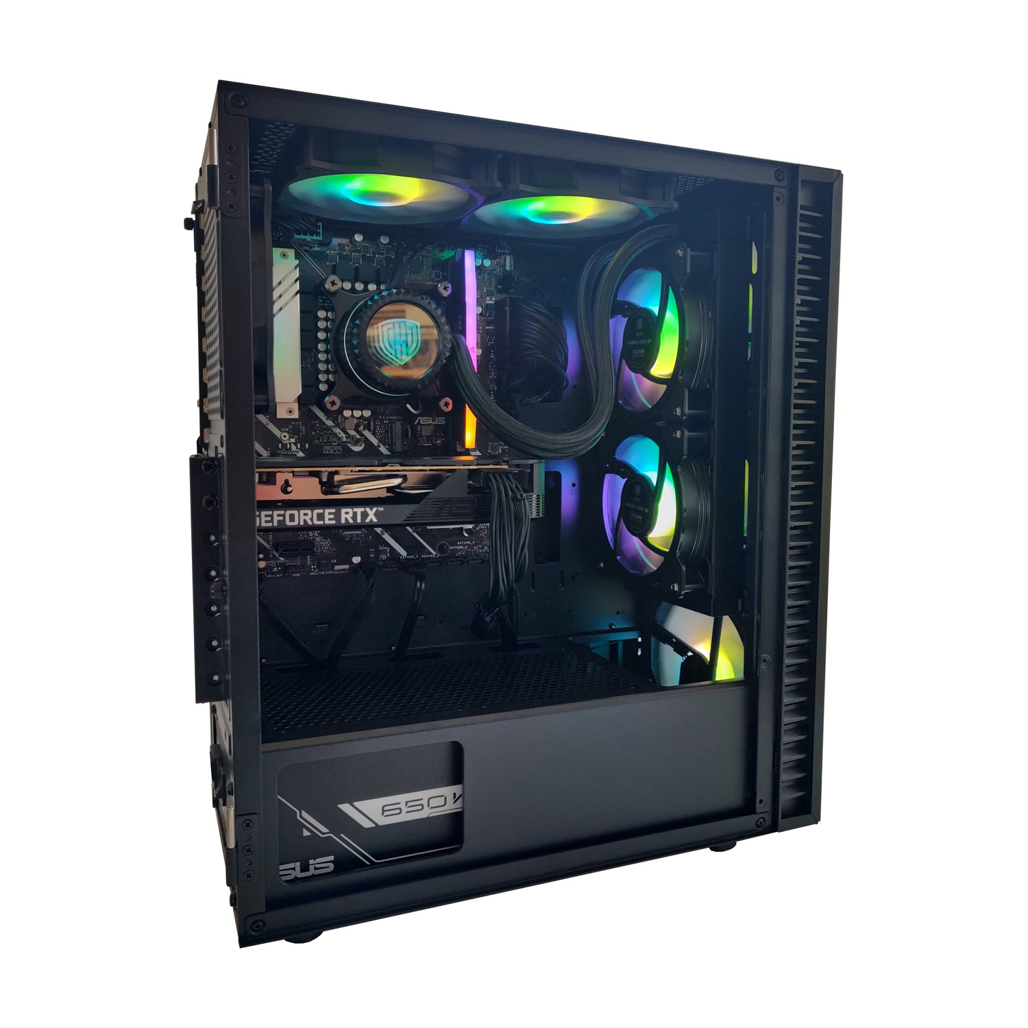 Un PC nero aperto con ventole RGB e scheda grafica.