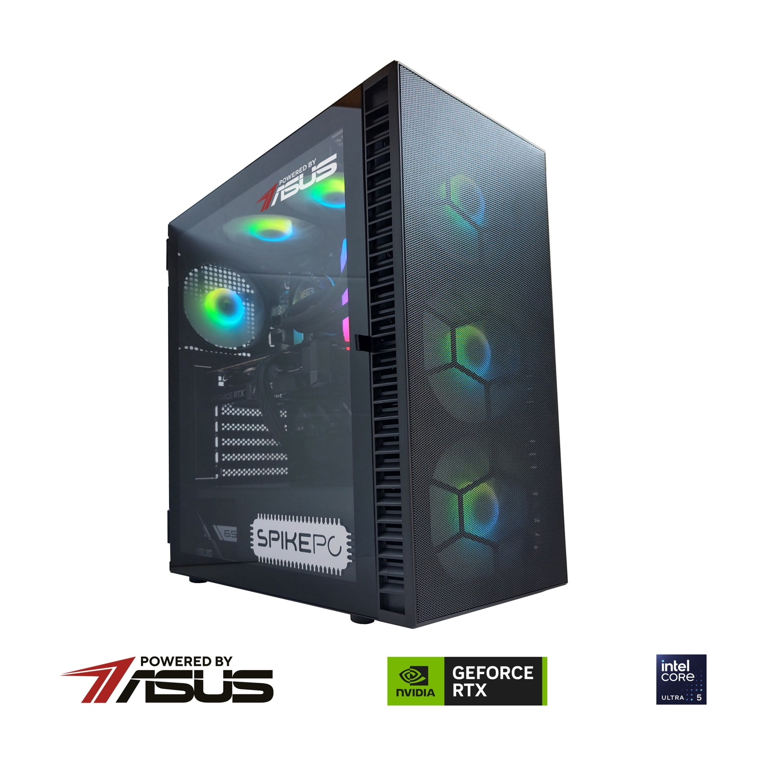 PC gaming nero con ventole RGB, lato in vetro e loghi ASUS, NVIDIA e Intel.