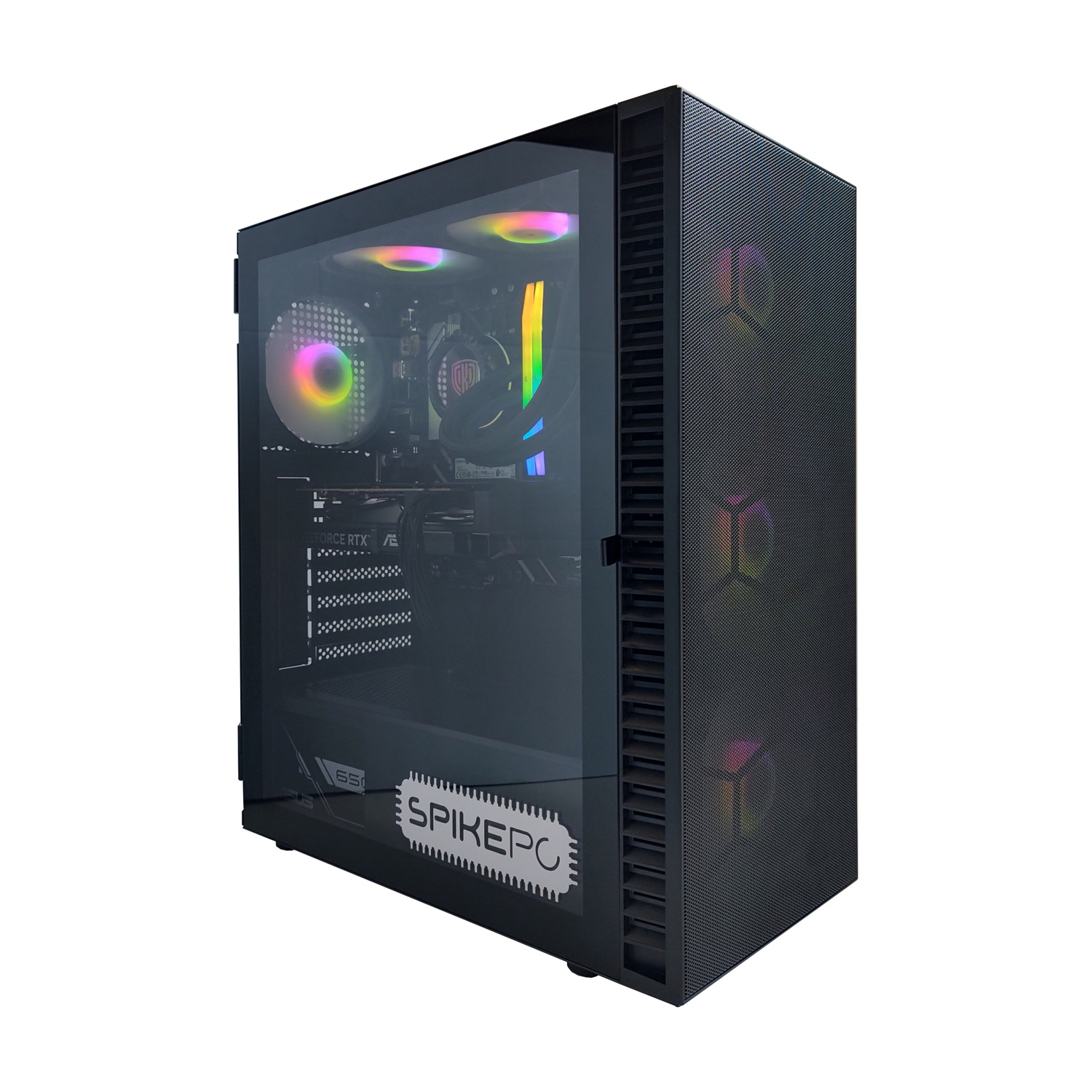 Tower PC nero con pannello laterale in vetro che mostra ventole RGB e componenti.