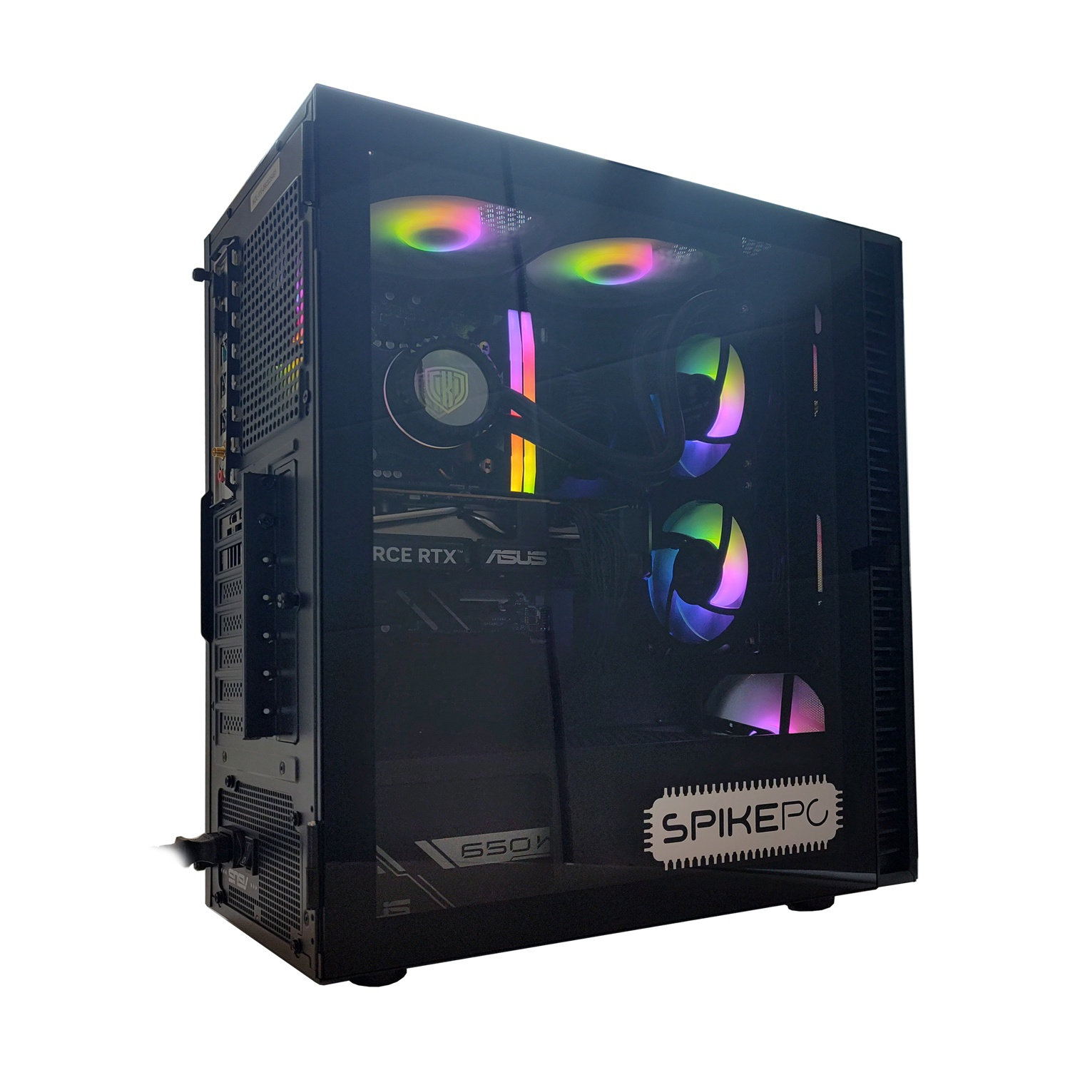 Un case PC nero con ventole RGB e alimentatore visibile.