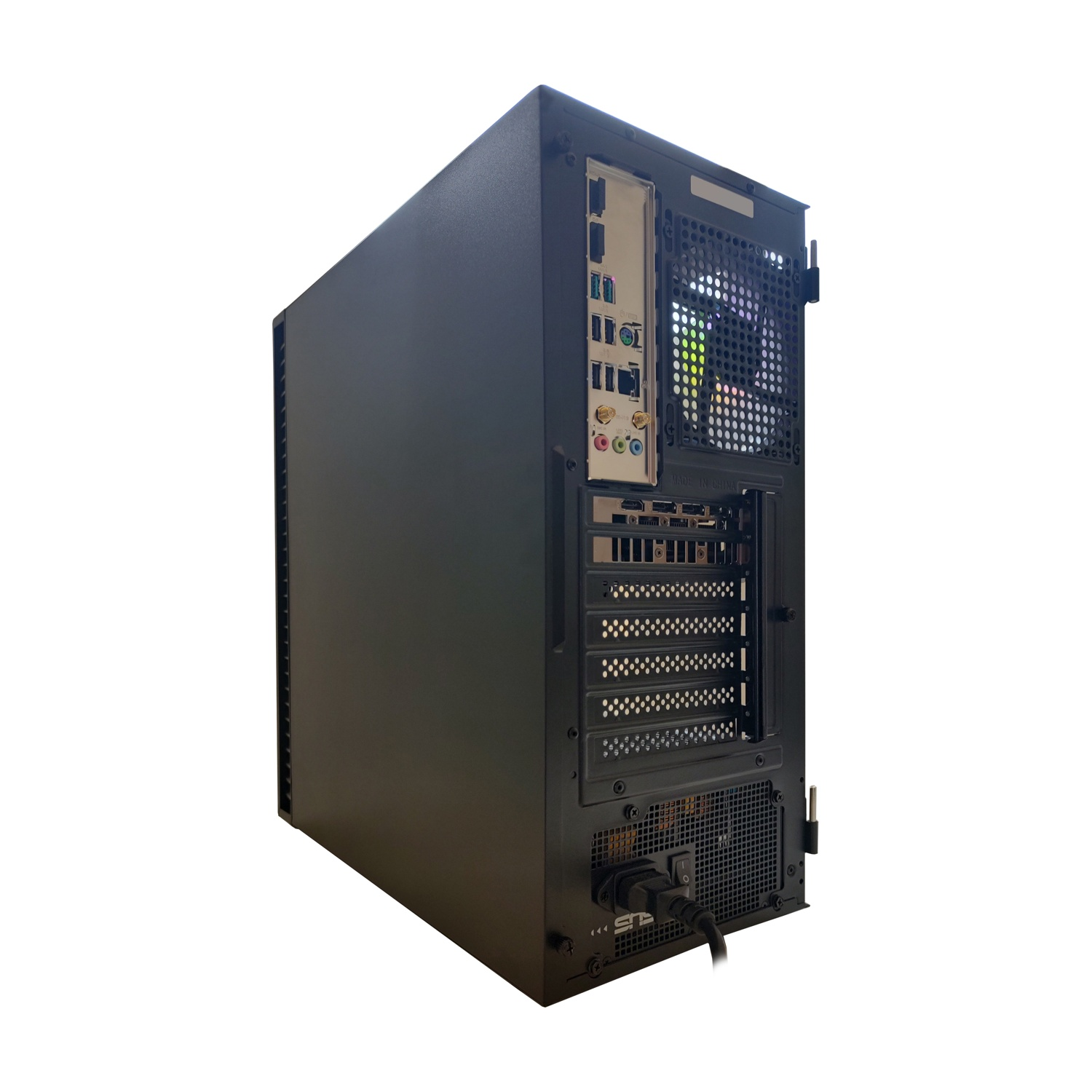 Retro di un case PC nero con porte e ventola visibili.