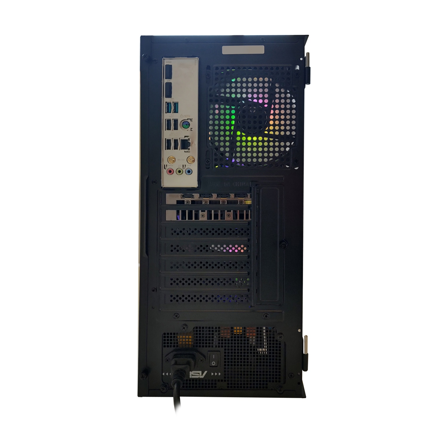 Retro di un case PC nero con porte, ventola e cavo di alimentazione.