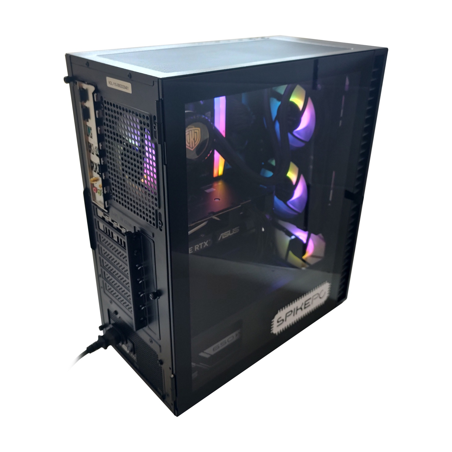 Una tower del computer nera con pannello laterale in vetro che mostra ventole e componenti RGB colorati.