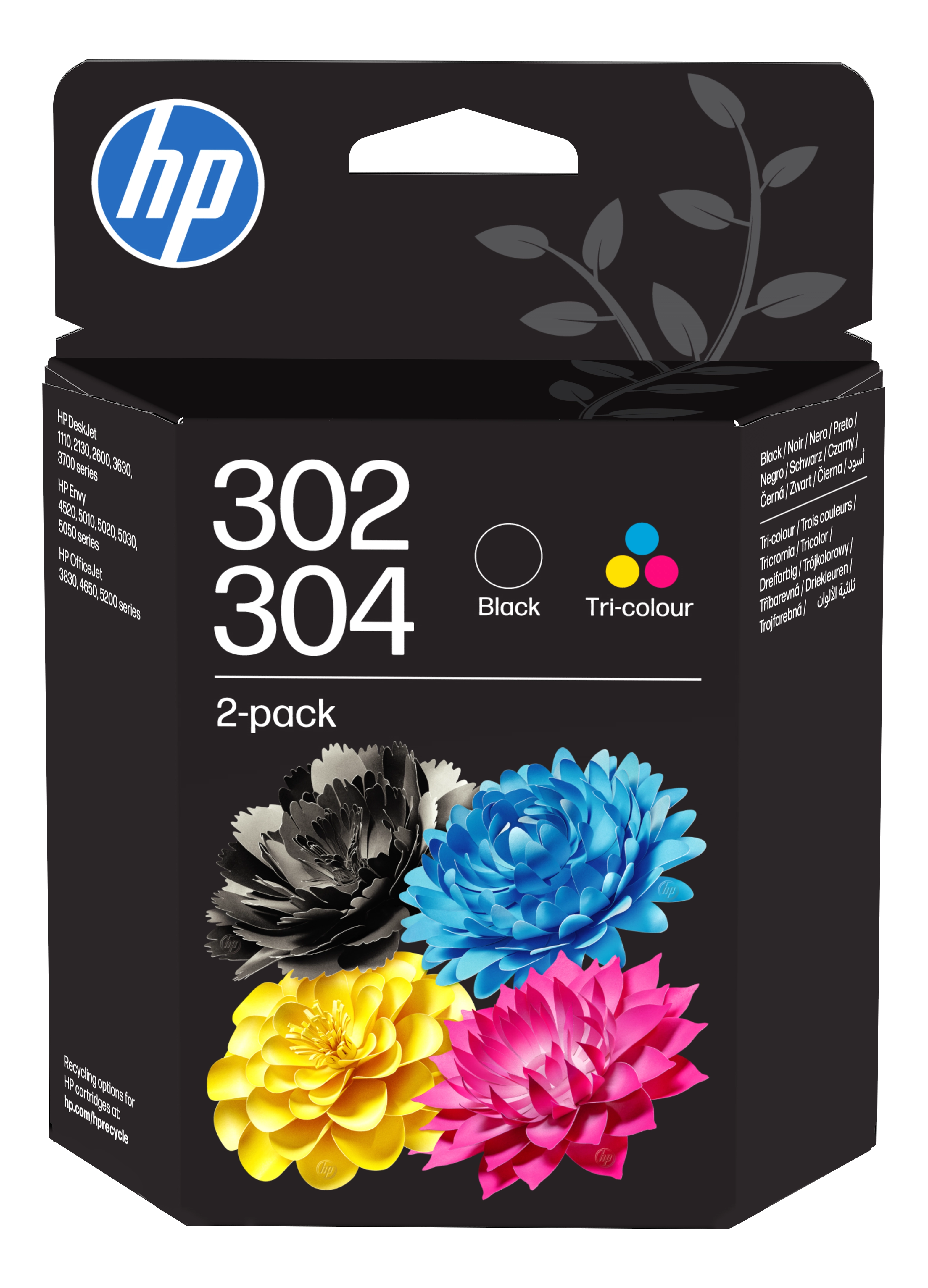 Confezione da 2 cartucce d'inchiostro HP 302 e 304 con cartucce nere e tricolore.