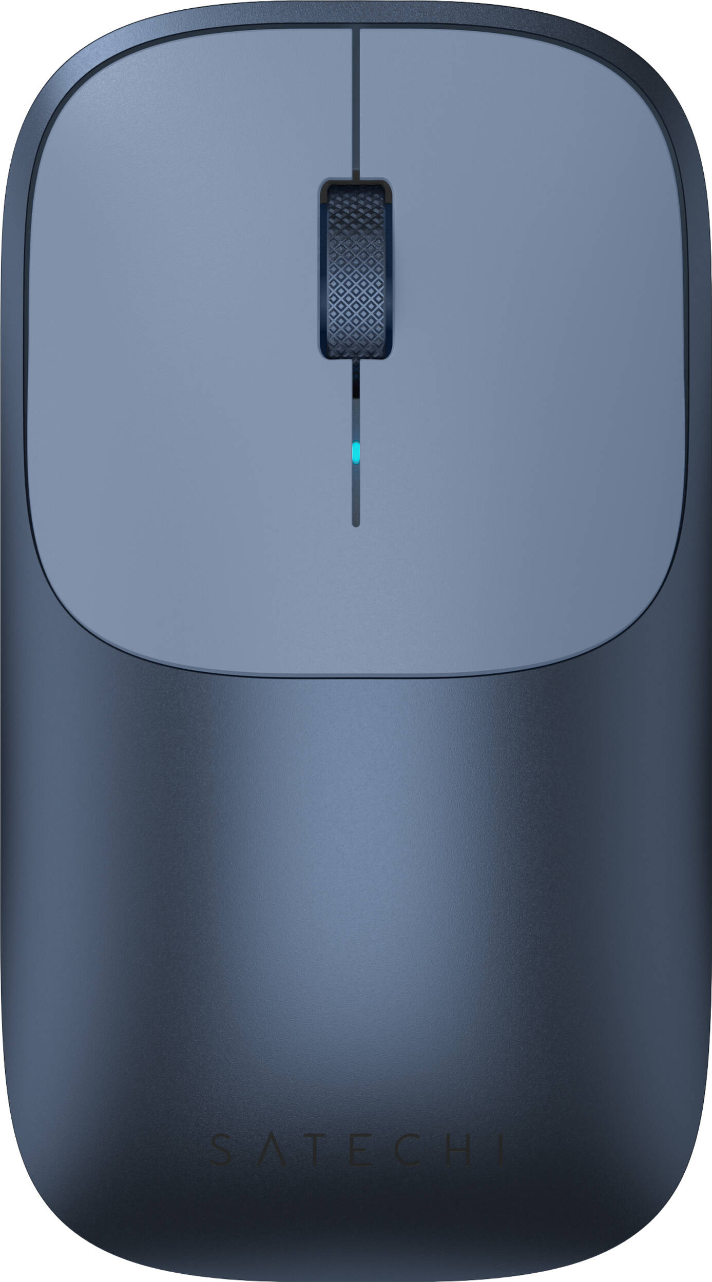 Une souris d'ordinateur gris-bleu avec une molette de défilement et un indicateur bleu.