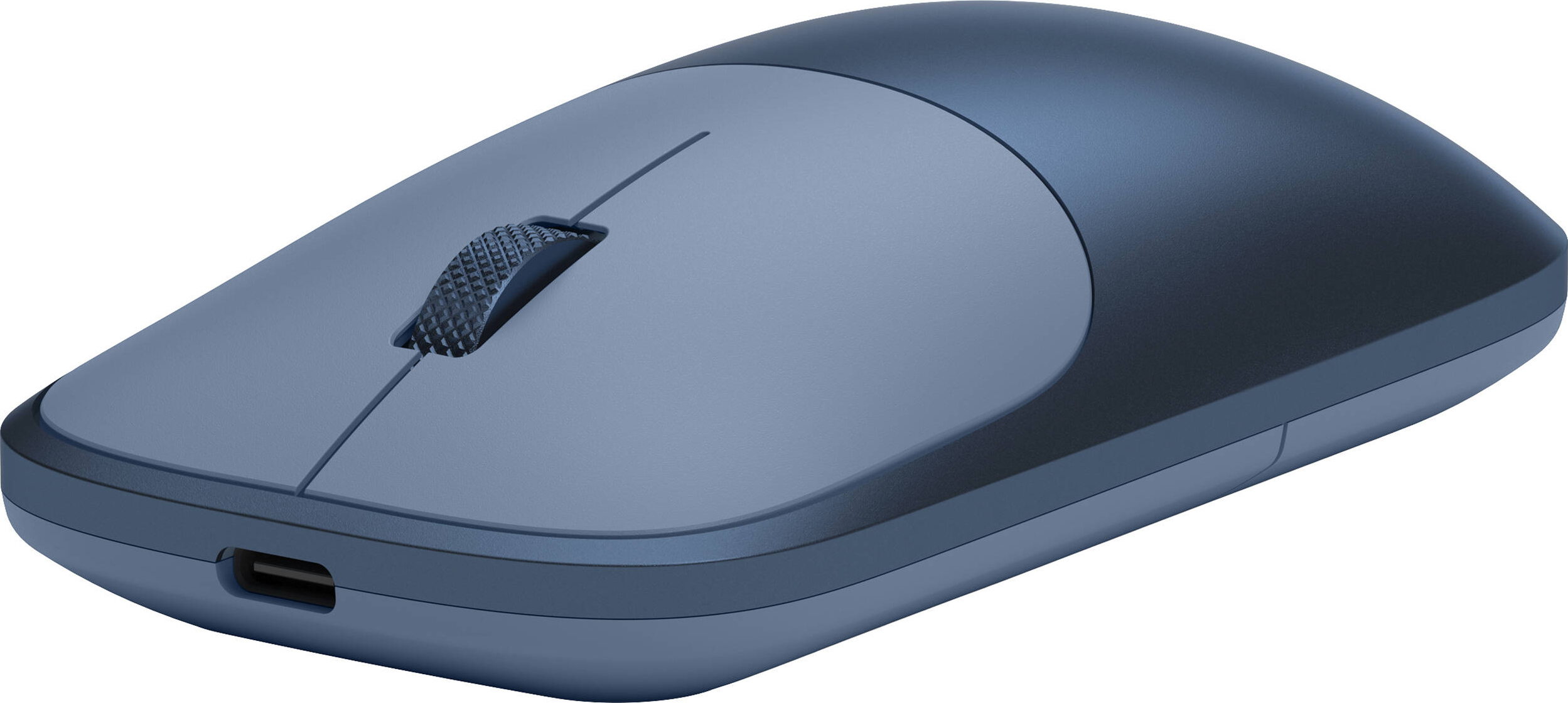 Une souris d'ordinateur bleue avec une molette et un port USB-C.