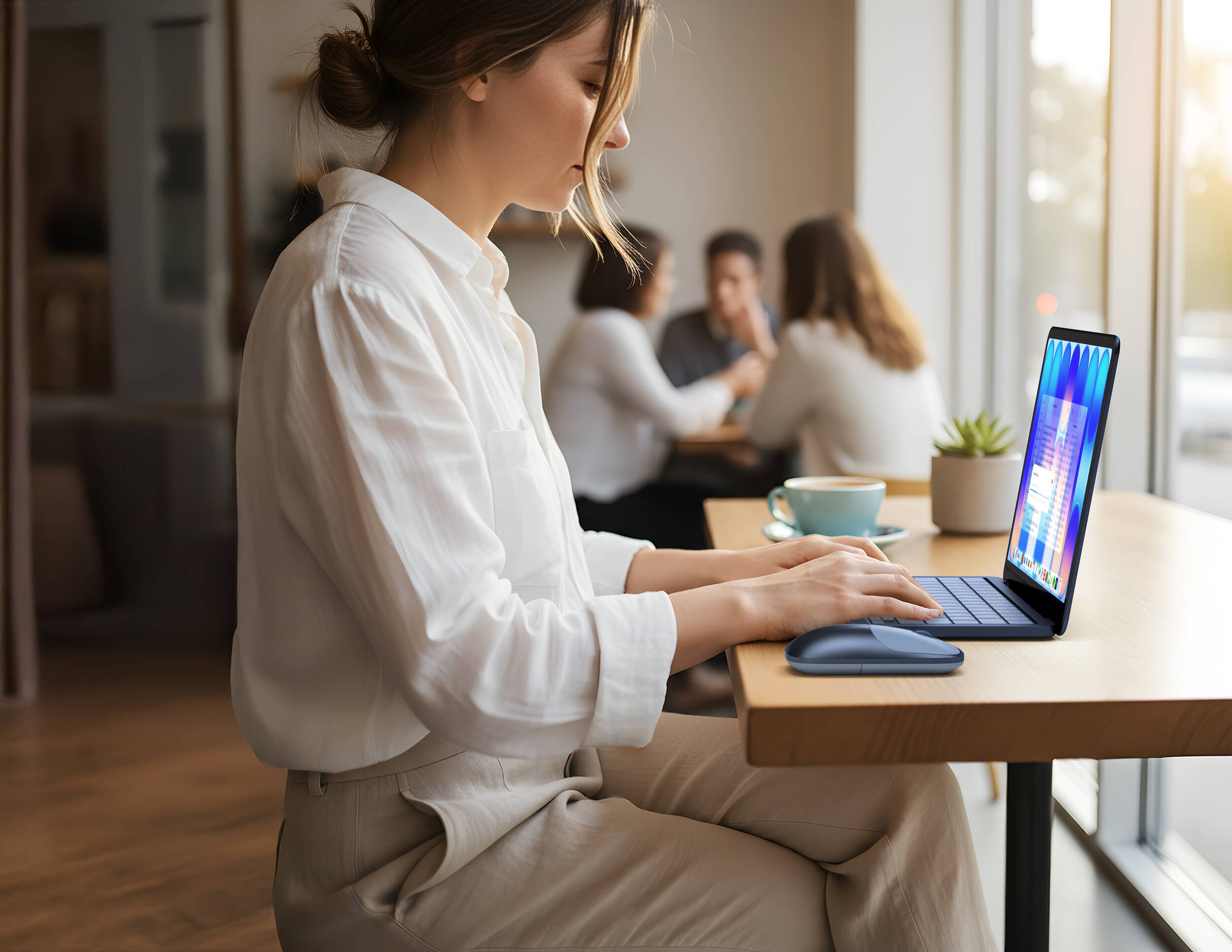 Femme tape sur un ordinateur portable, souris et tasse à café à proximité.