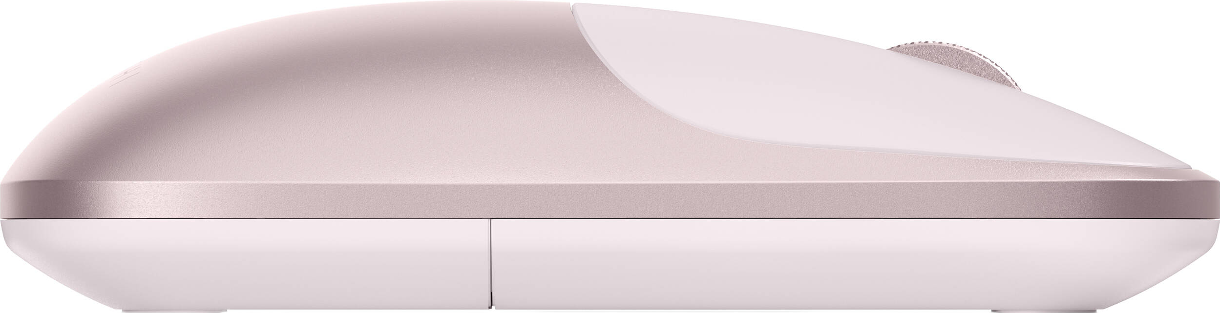 Une souris d'ordinateur rose vue de profil sur fond blanc.