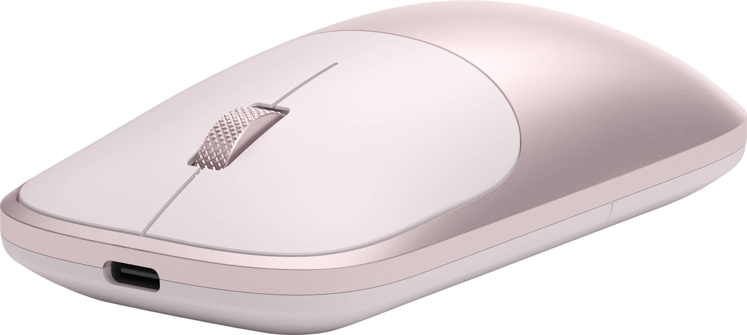 Une souris d'ordinateur rose doré et blanc avec un port USB-C et une molette.