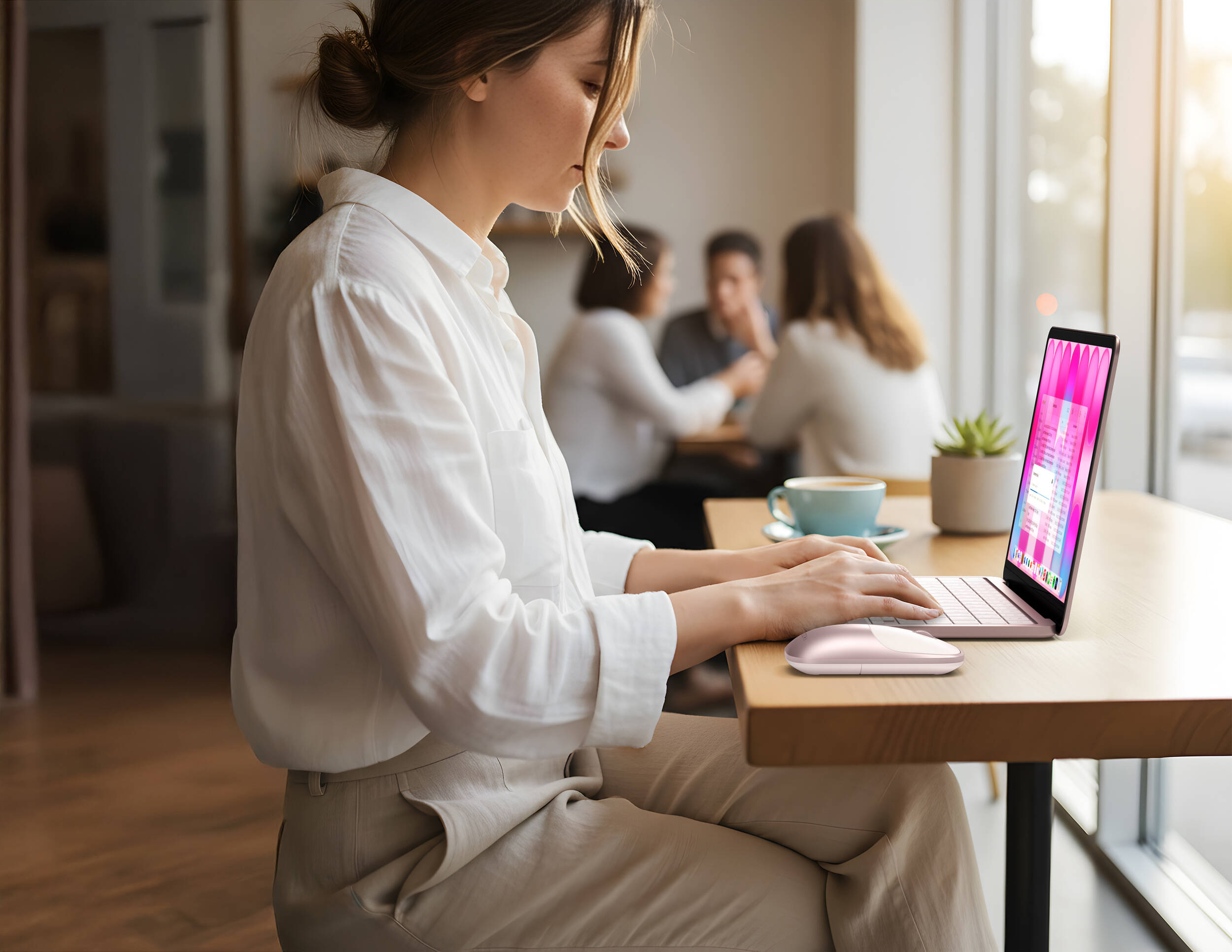 Une femme tape sur un ordinateur portable rose dans un café. Des gens sont assis à l'arrière.