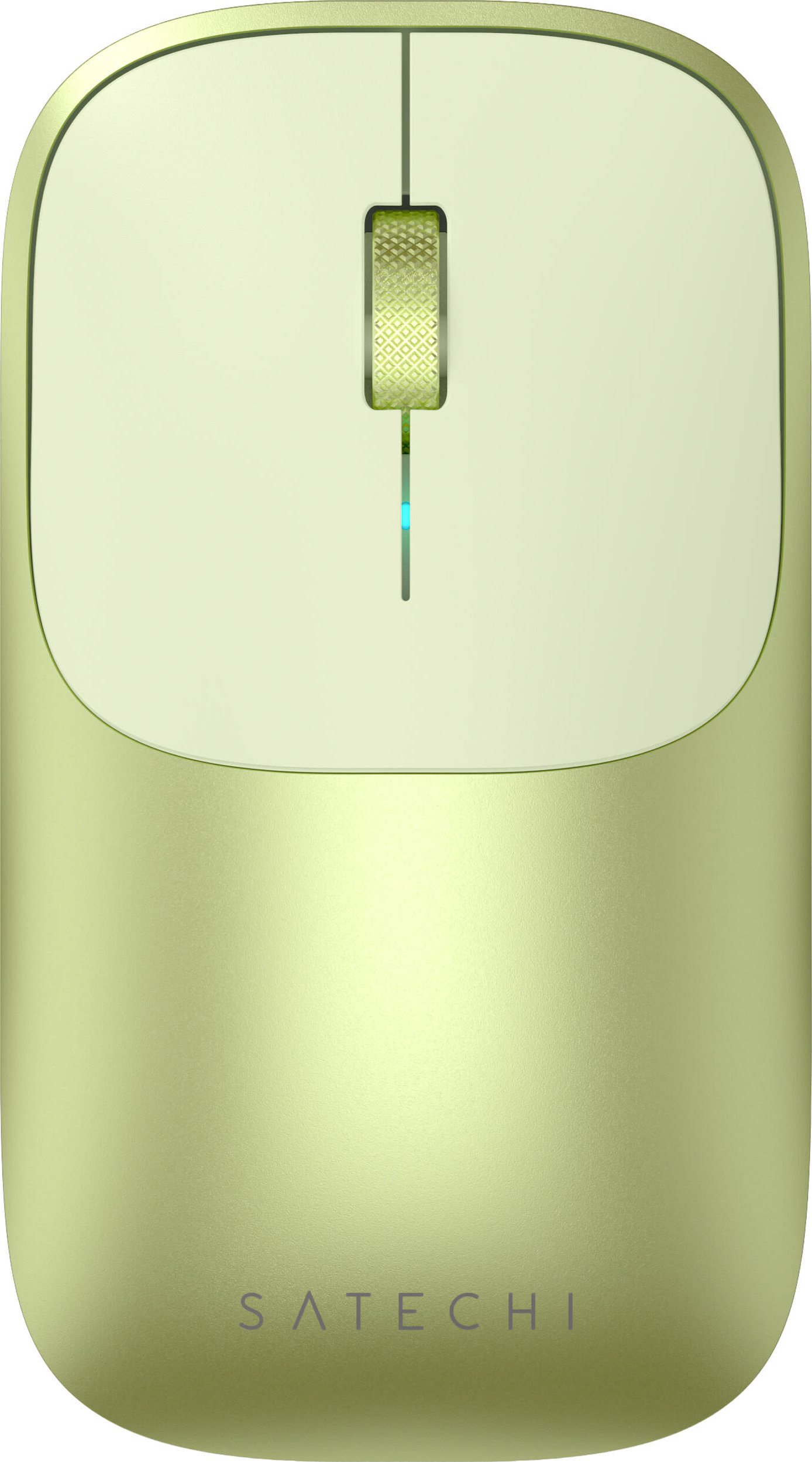 Une souris d'ordinateur vert doré avec une molette texturée et un indicateur lumineux bleu.