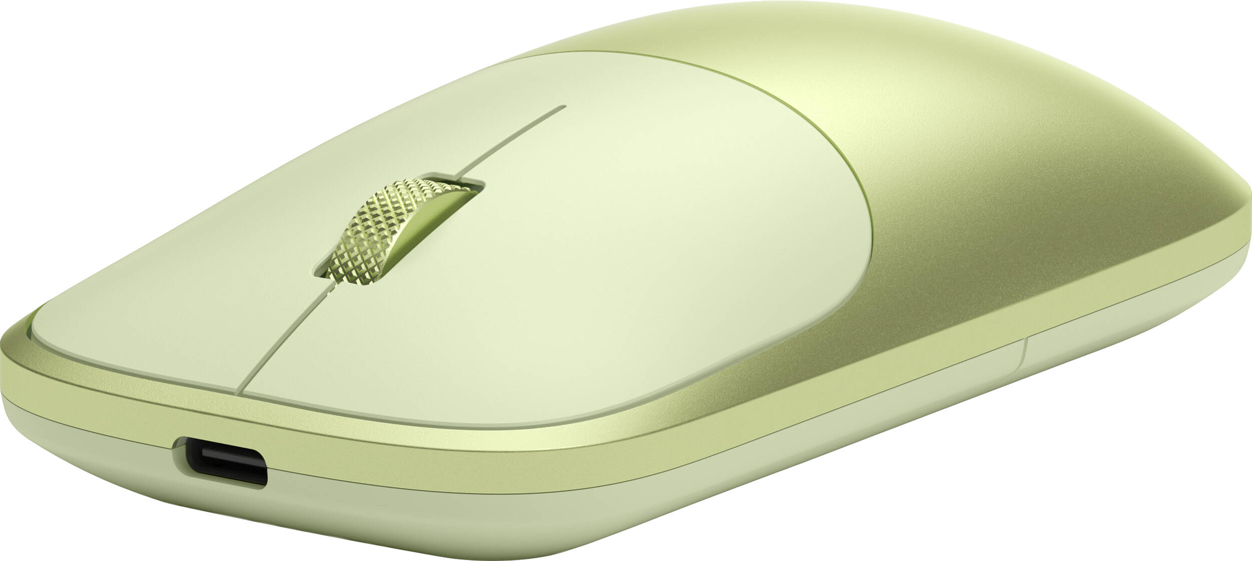 Une souris d'ordinateur vert clair avec port USB-C et molette de défilement moletée.